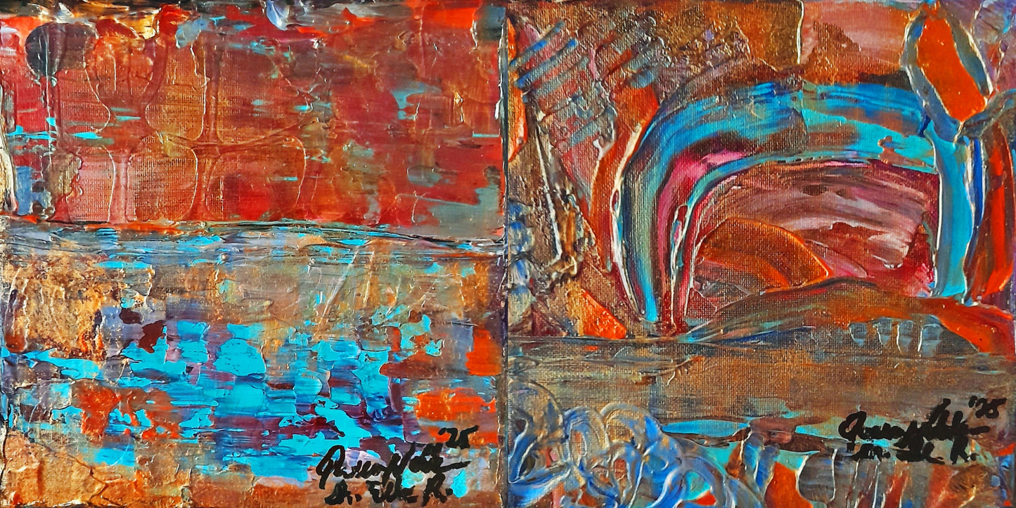Set of 2 - Rustic Colorful Abstract Original Painting By QN