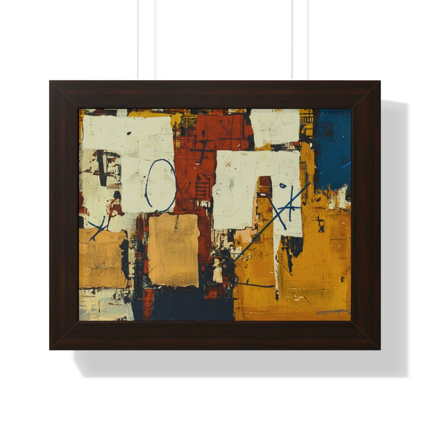 Abstract art piece with geometric shapes and colors in a dark wooden frame.