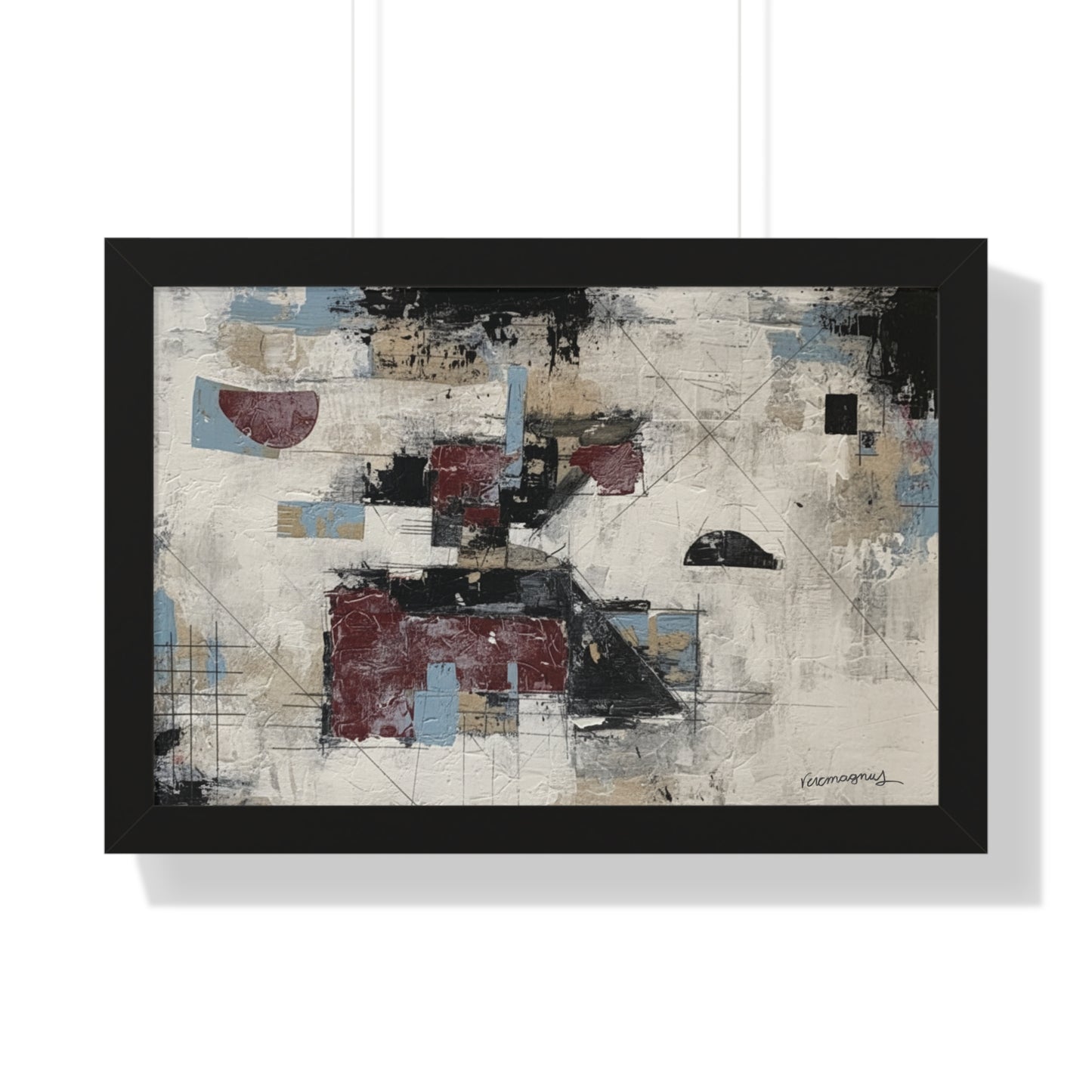 Abstract art piece with geometric shapes in a black frame on a white background