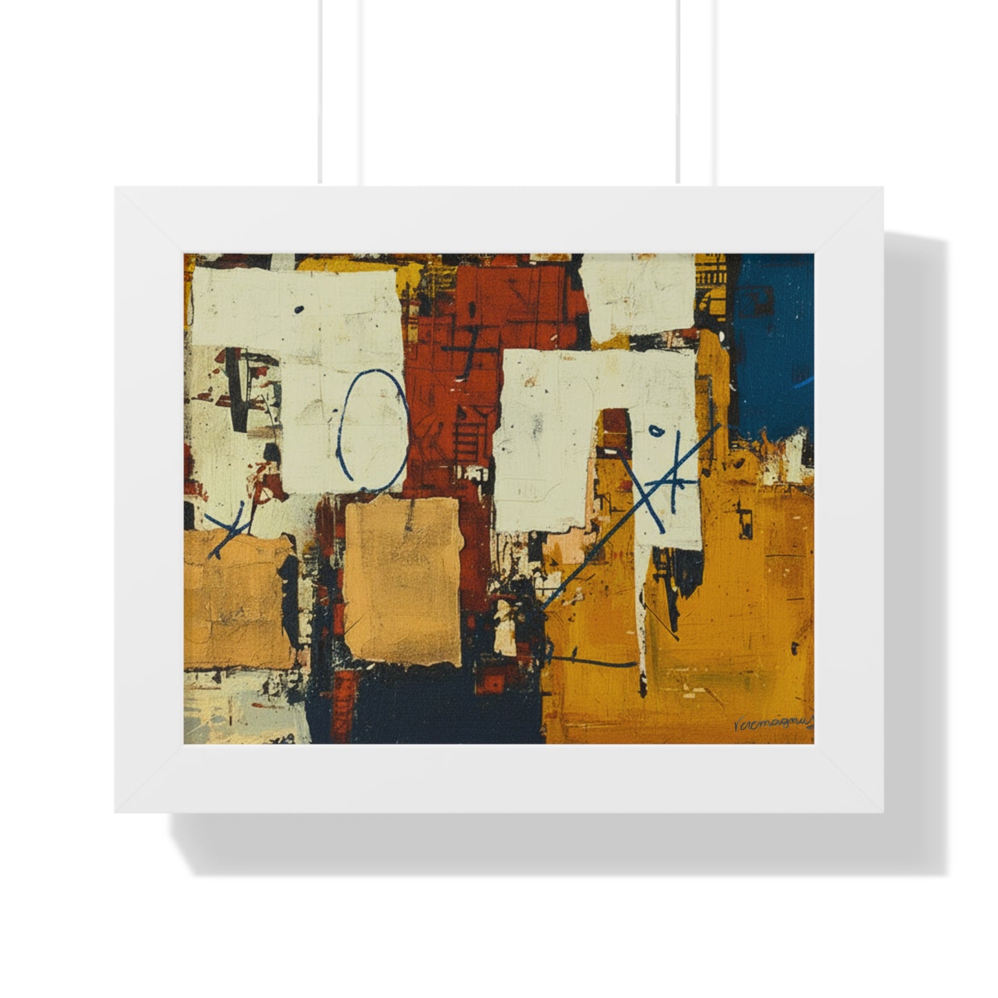 Abstract art piece with geometric shapes and colors on a white background