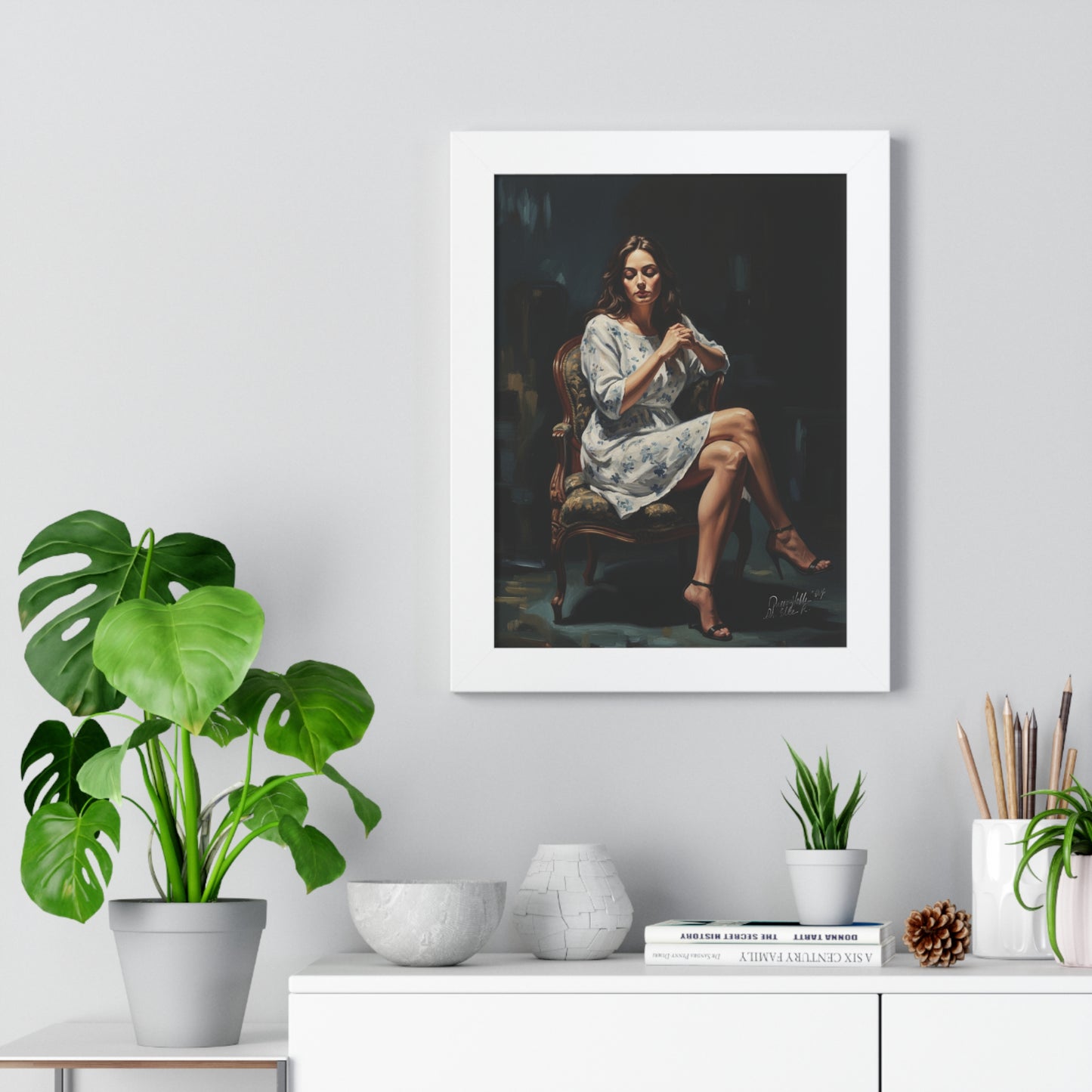 Lady On Chair Framed Vertical Poster for Home Decor, Wall Art Print