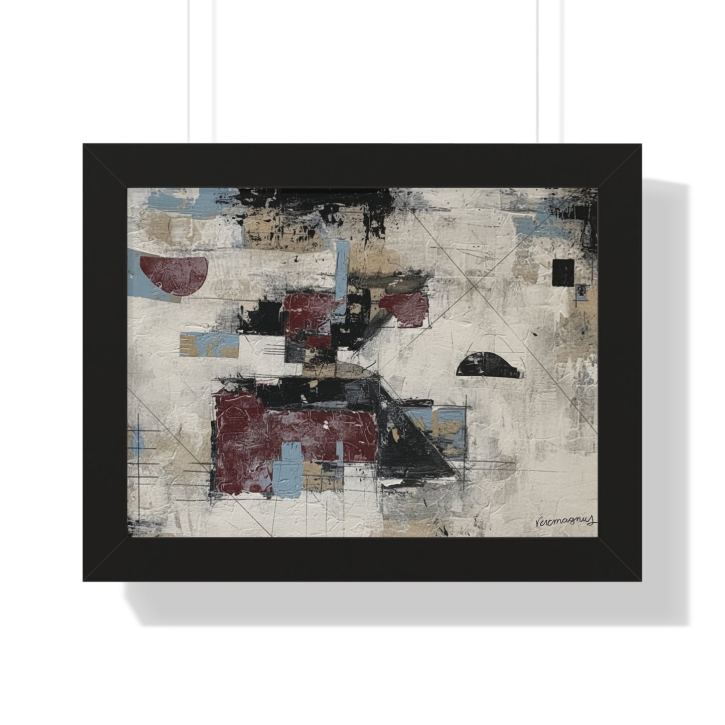 Abstract art piece with geometric shapes in a black frame on a white background