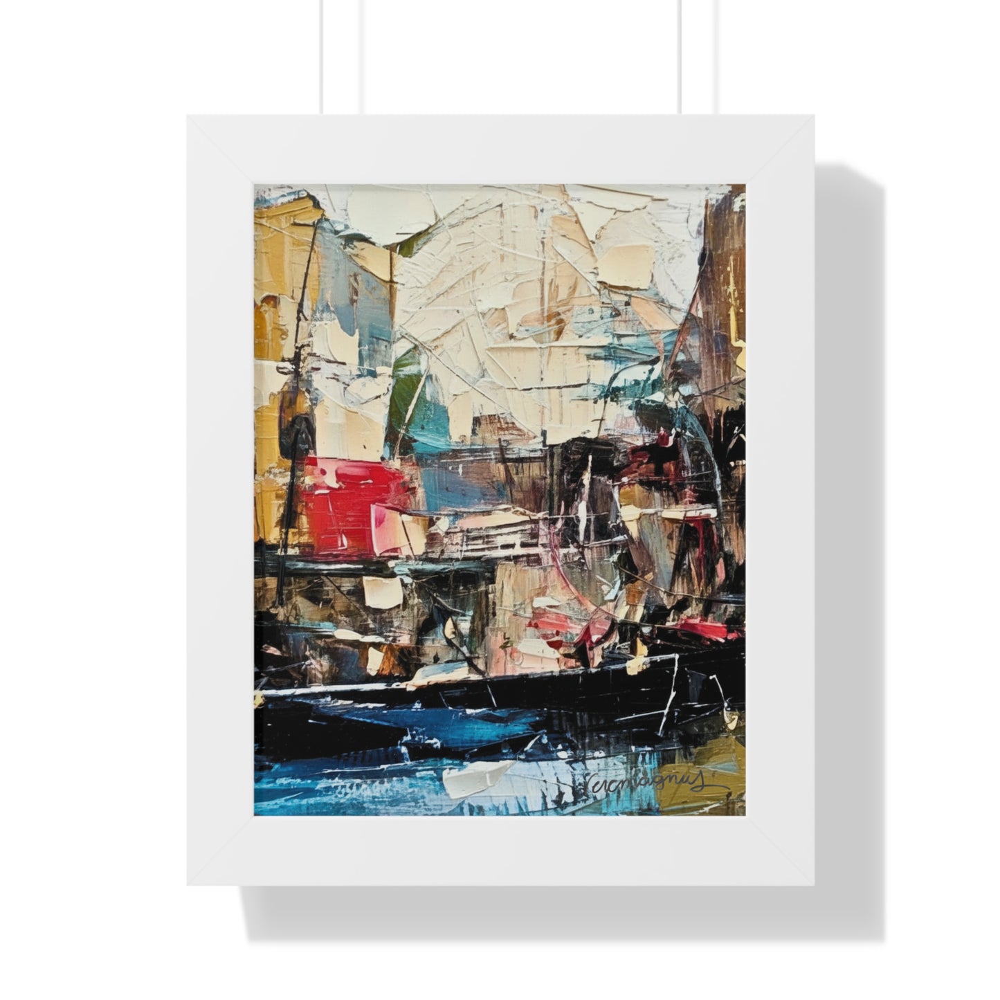 Abstract painting with geometric shapes and colors in a white frame.