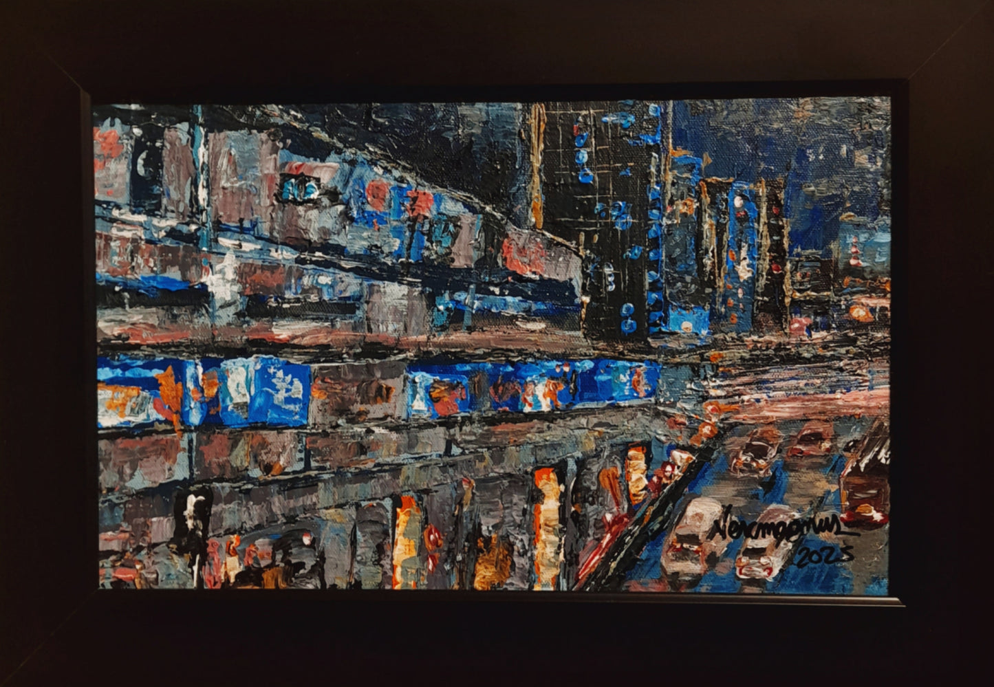Catching The Last Train Textured Original Framed Cityscape Painting