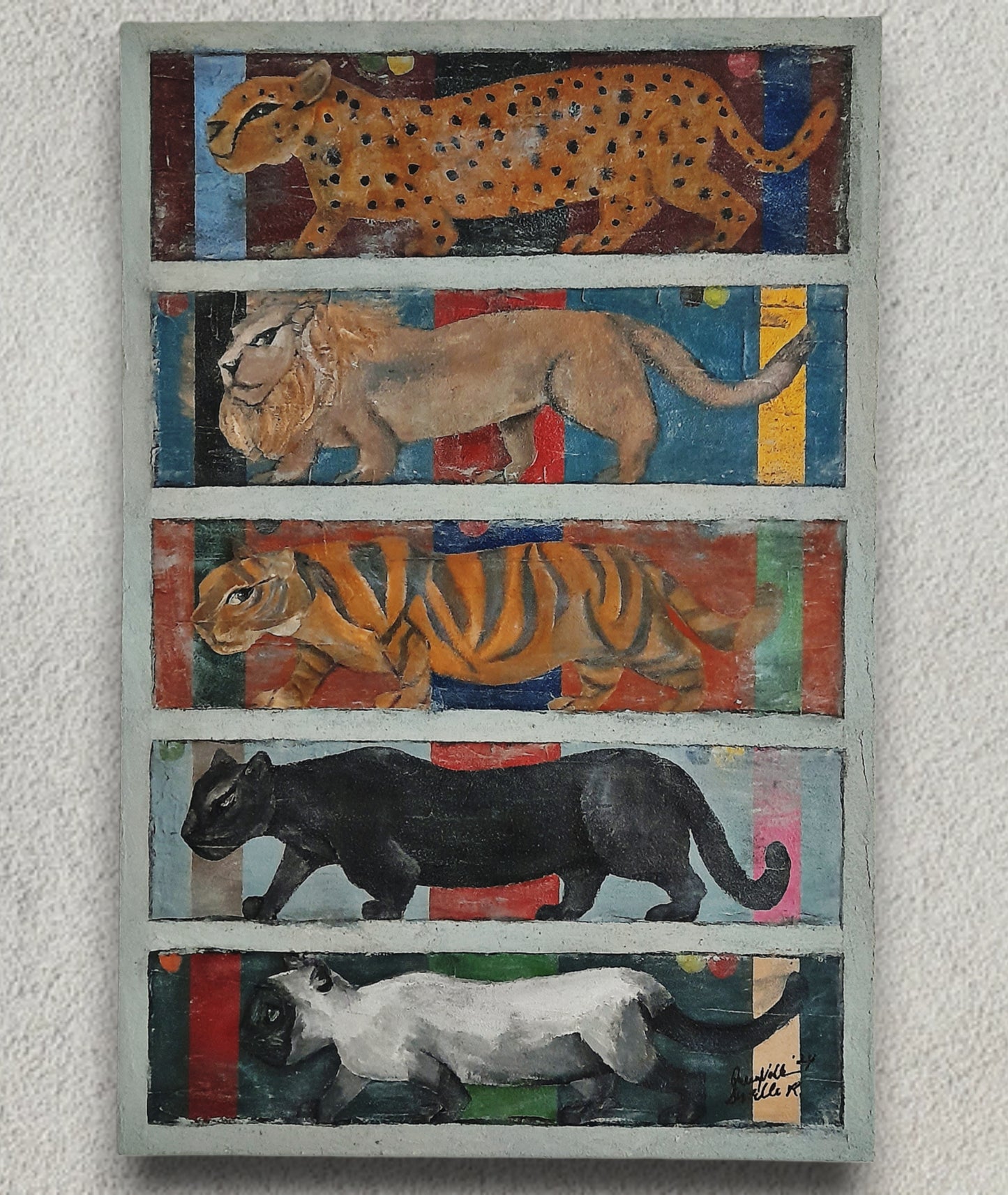 Figurative Animal Cats Original Art Midcentury Modern Style Painting - Where's The Kitty