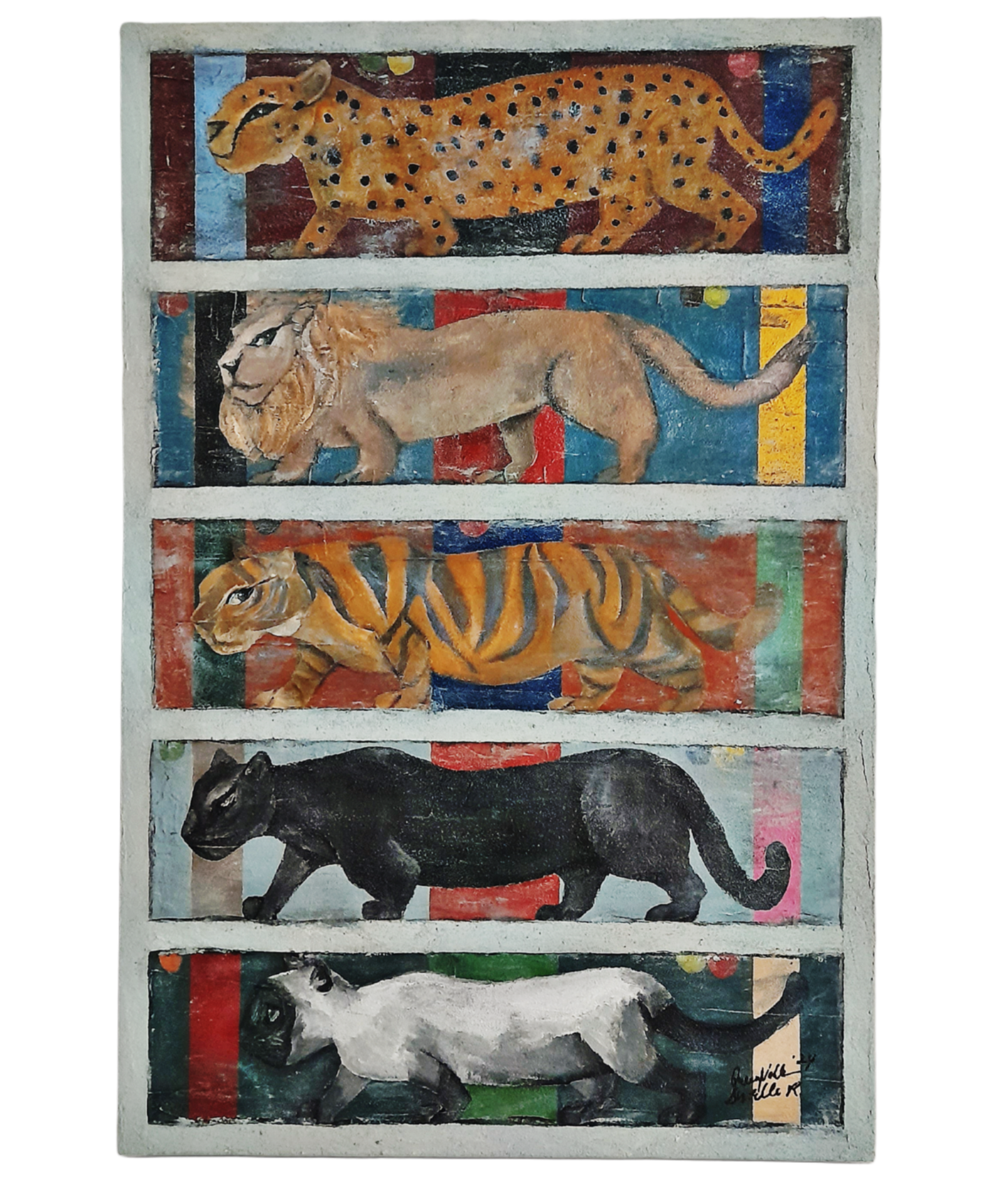 Figurative Animal Cats Original Art Midcentury Modern Style Painting - Where's The Kitty