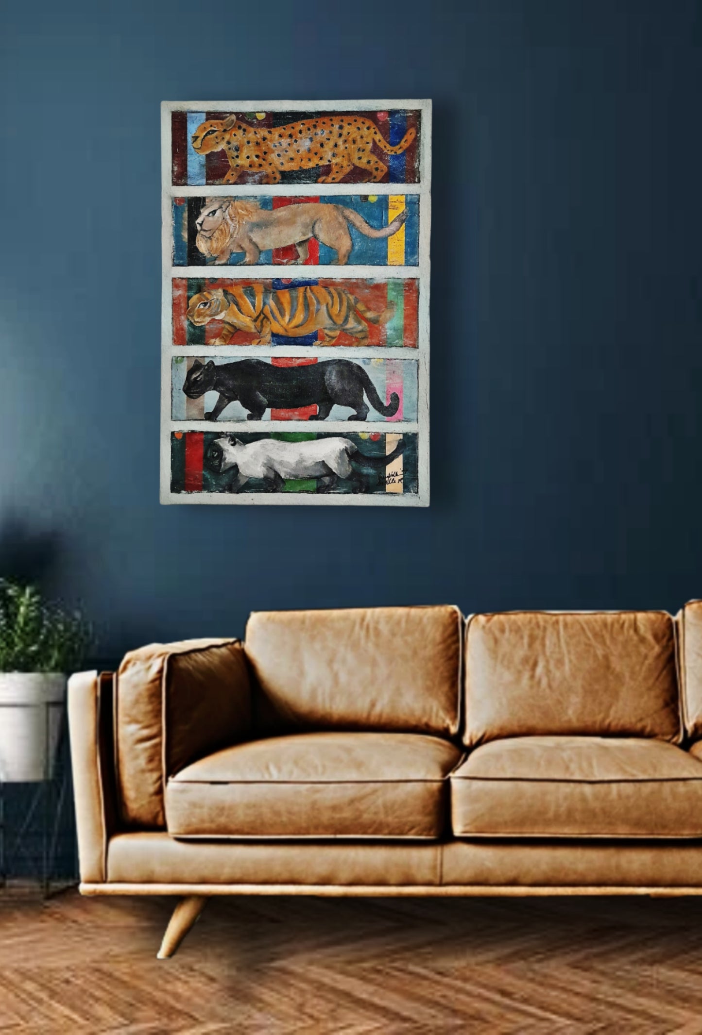 Figurative Animal Cats Original Art Midcentury Modern Style Painting - Where's The Kitty