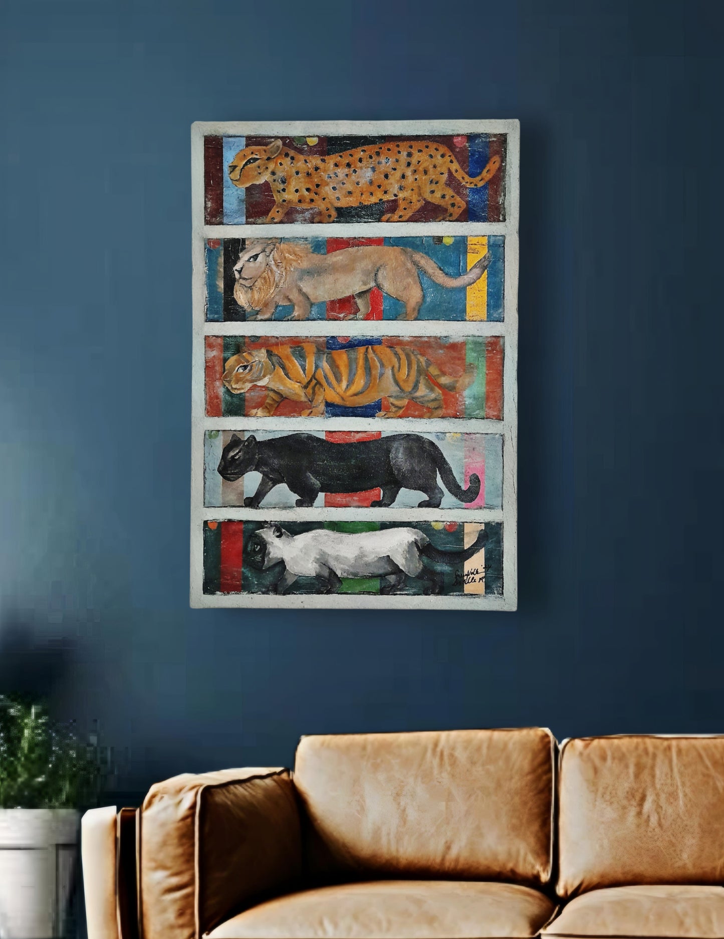 Figurative Animal Cats Original Art Midcentury Modern Style Painting - Where's The Kitty
