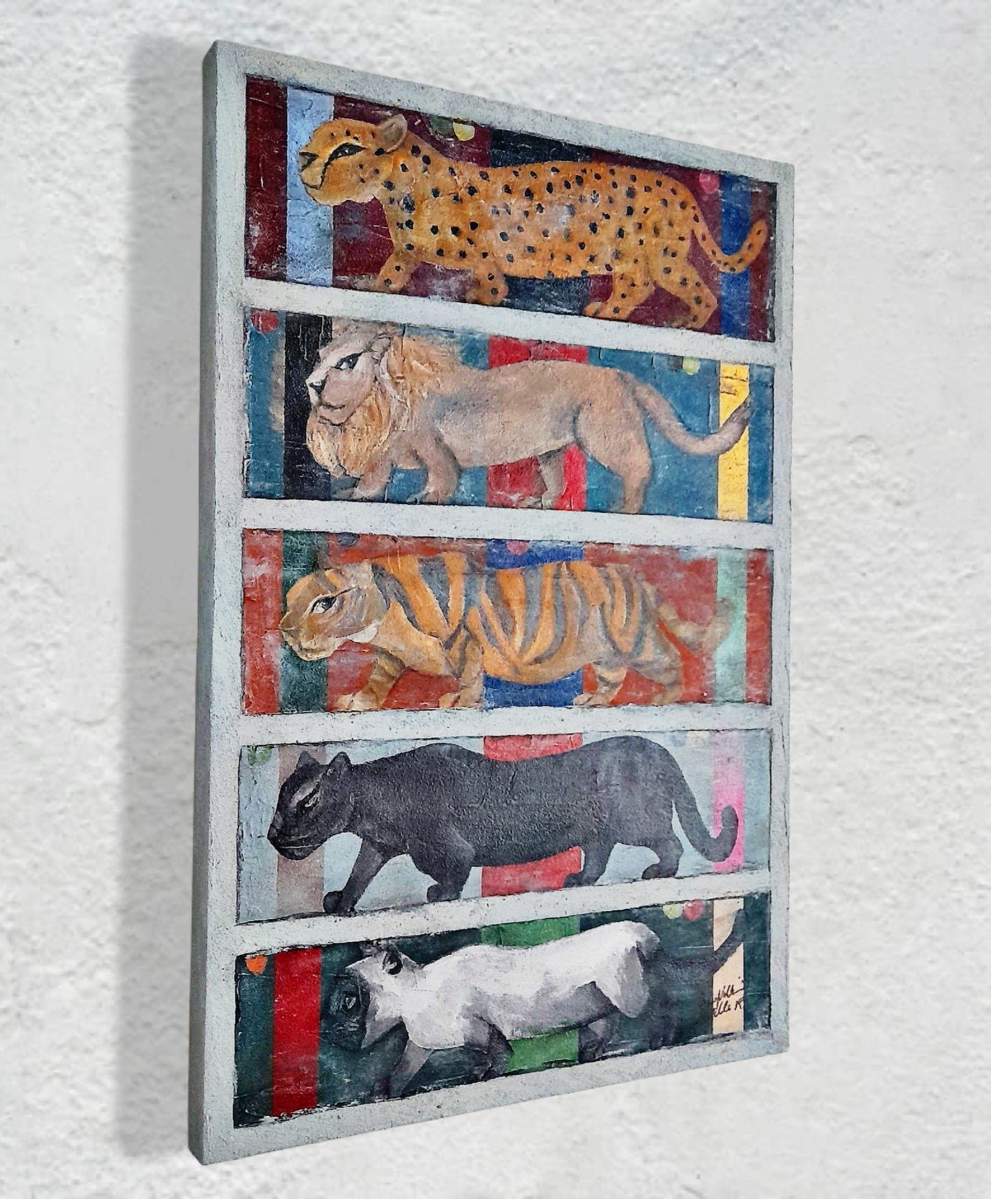 Figurative Animal Cats Original Art Midcentury Modern Style Painting - Where's The Kitty