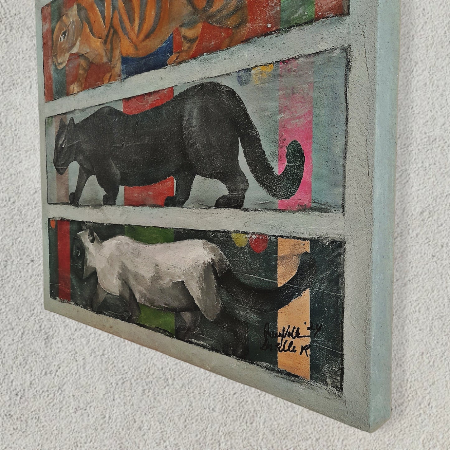 Figurative Animal Cats Original Art Midcentury Modern Style Painting - Where's The Kitty