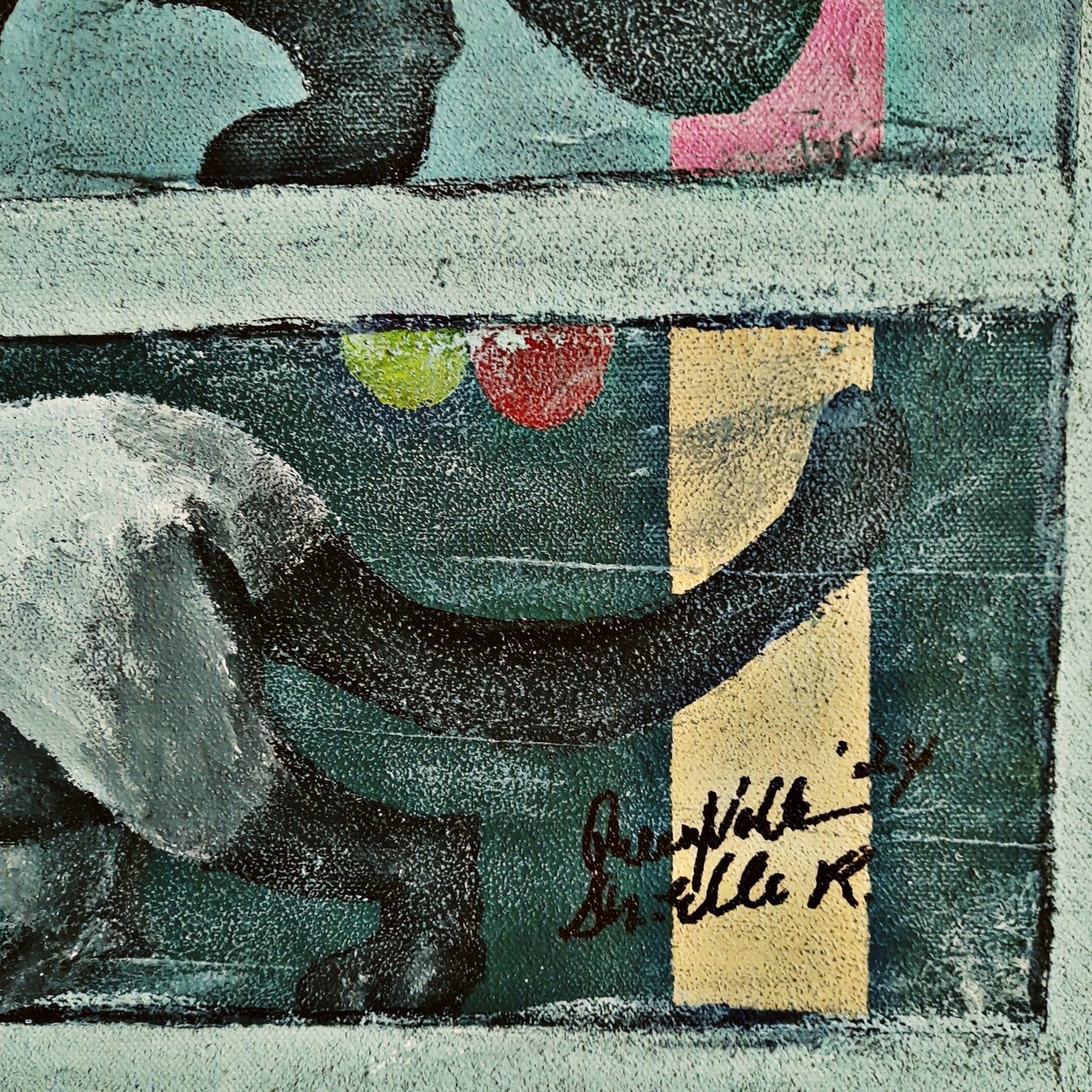 Figurative Animal Cats Original Art Midcentury Modern Style Painting - Where's The Kitty