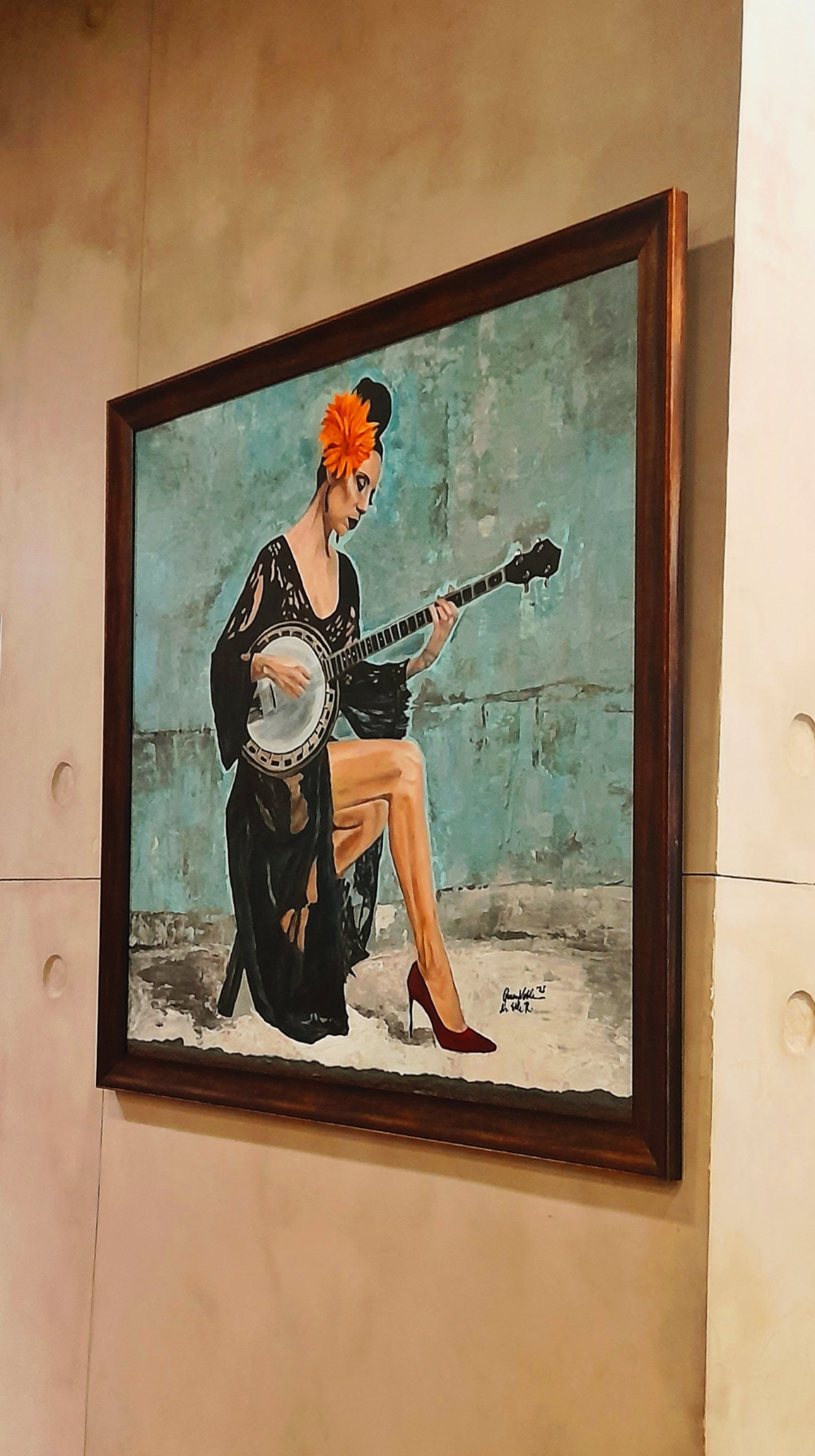Fine Art Original Painting Woman With A Banjo Framed Portrait With Certificate