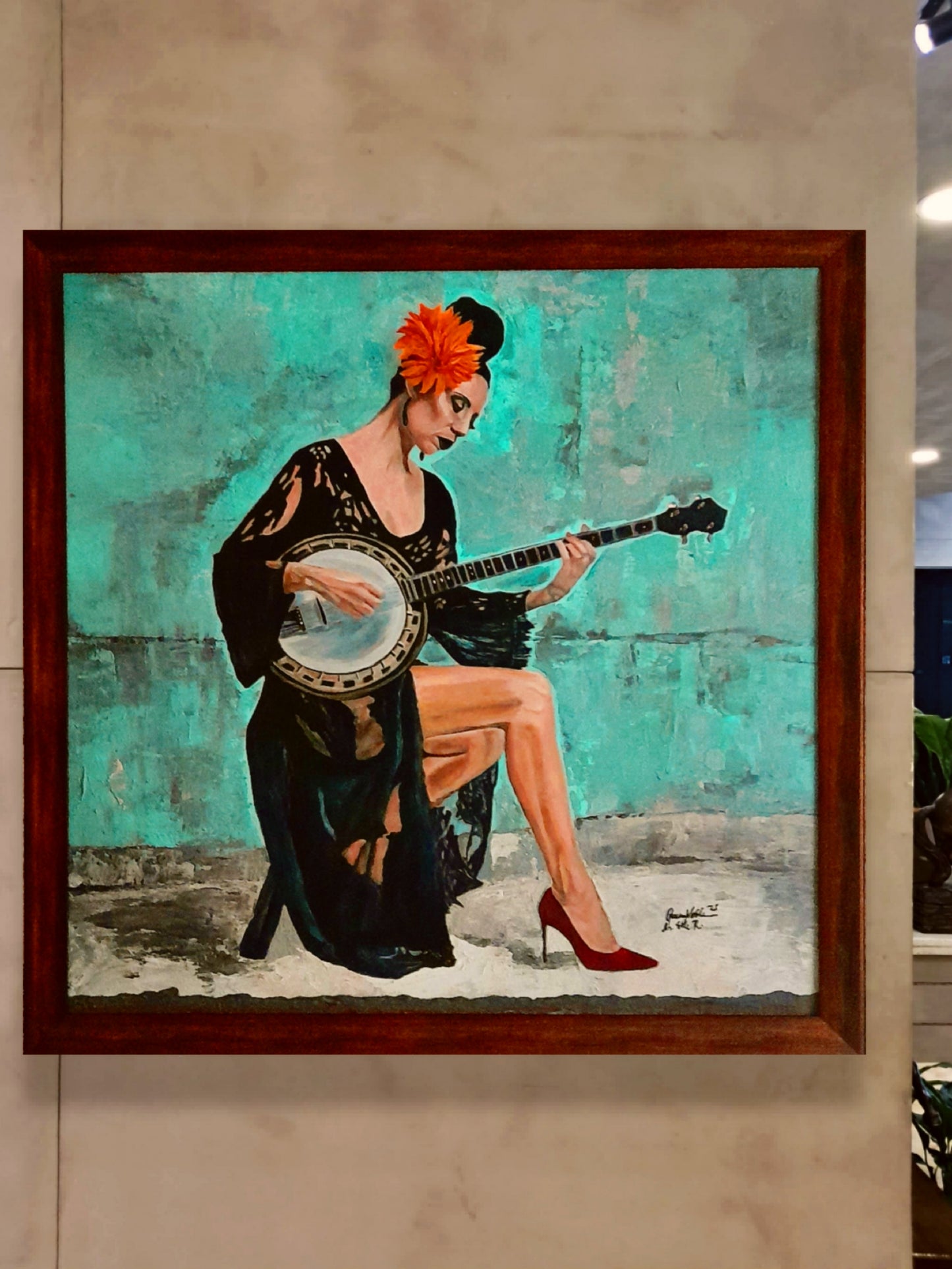 Fine Art Original Painting Woman With A Banjo Framed Portrait With Certificate