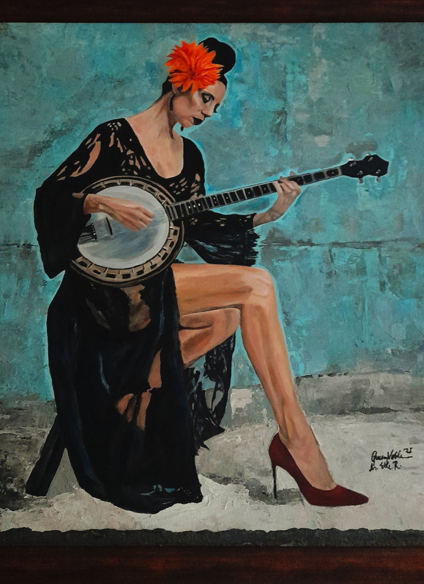 Fine Art Original Painting Woman With A Banjo Framed Portrait With Certificate