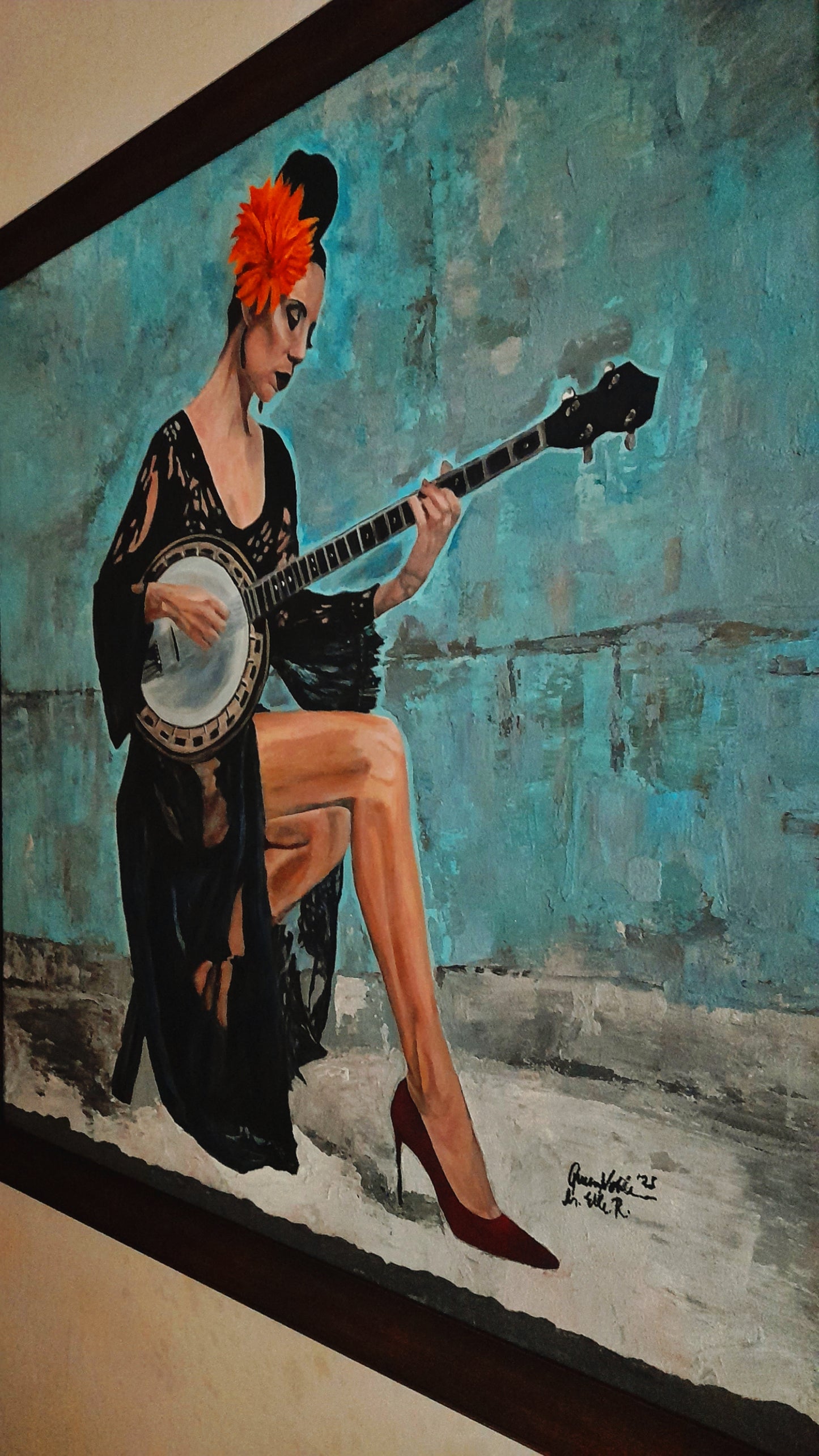 Fine Art Original Painting Woman With A Banjo Framed Portrait With Certificate