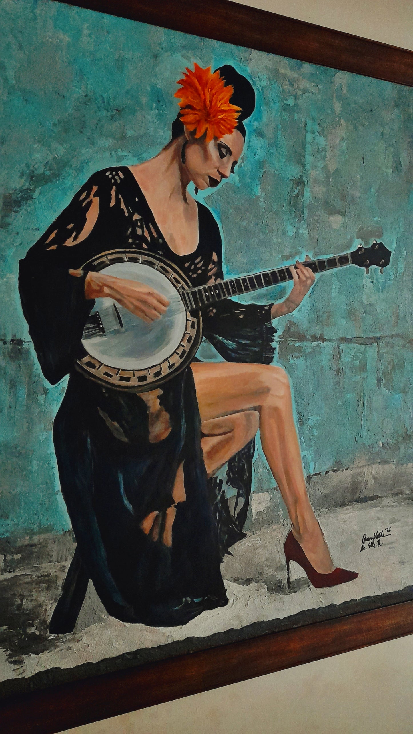 Fine Art Original Painting Woman With A Banjo Framed Portrait With Certificate