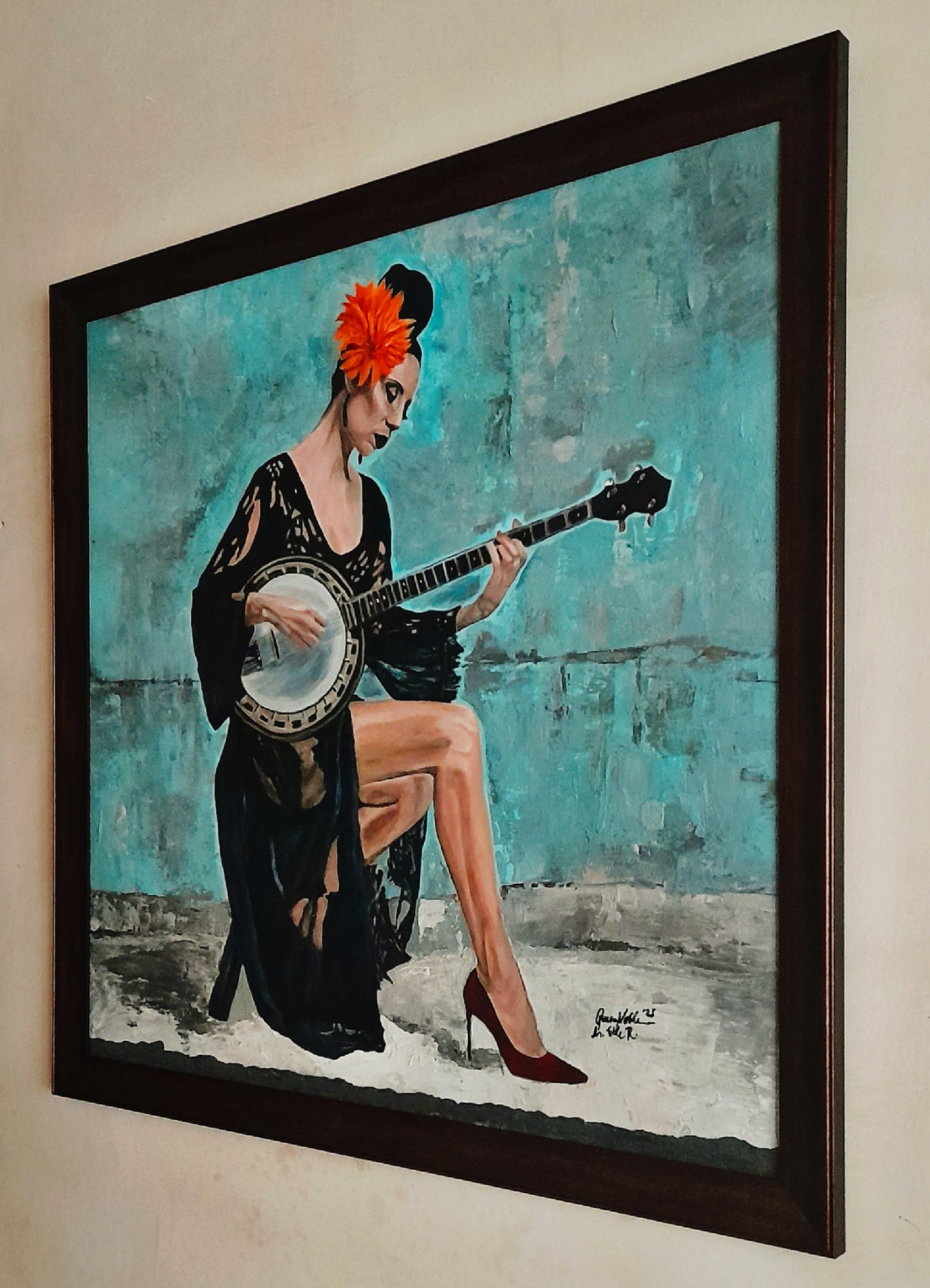 Fine Art Original Painting Woman With A Banjo Framed Portrait With Certificate