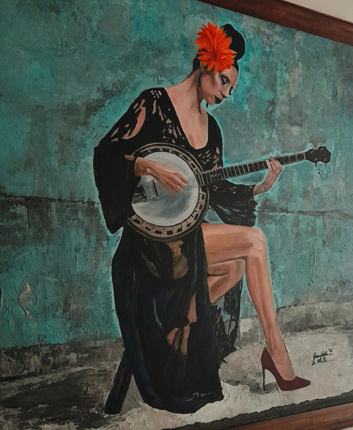 Fine Art Original Painting Woman With A Banjo Framed Portrait With Certificate