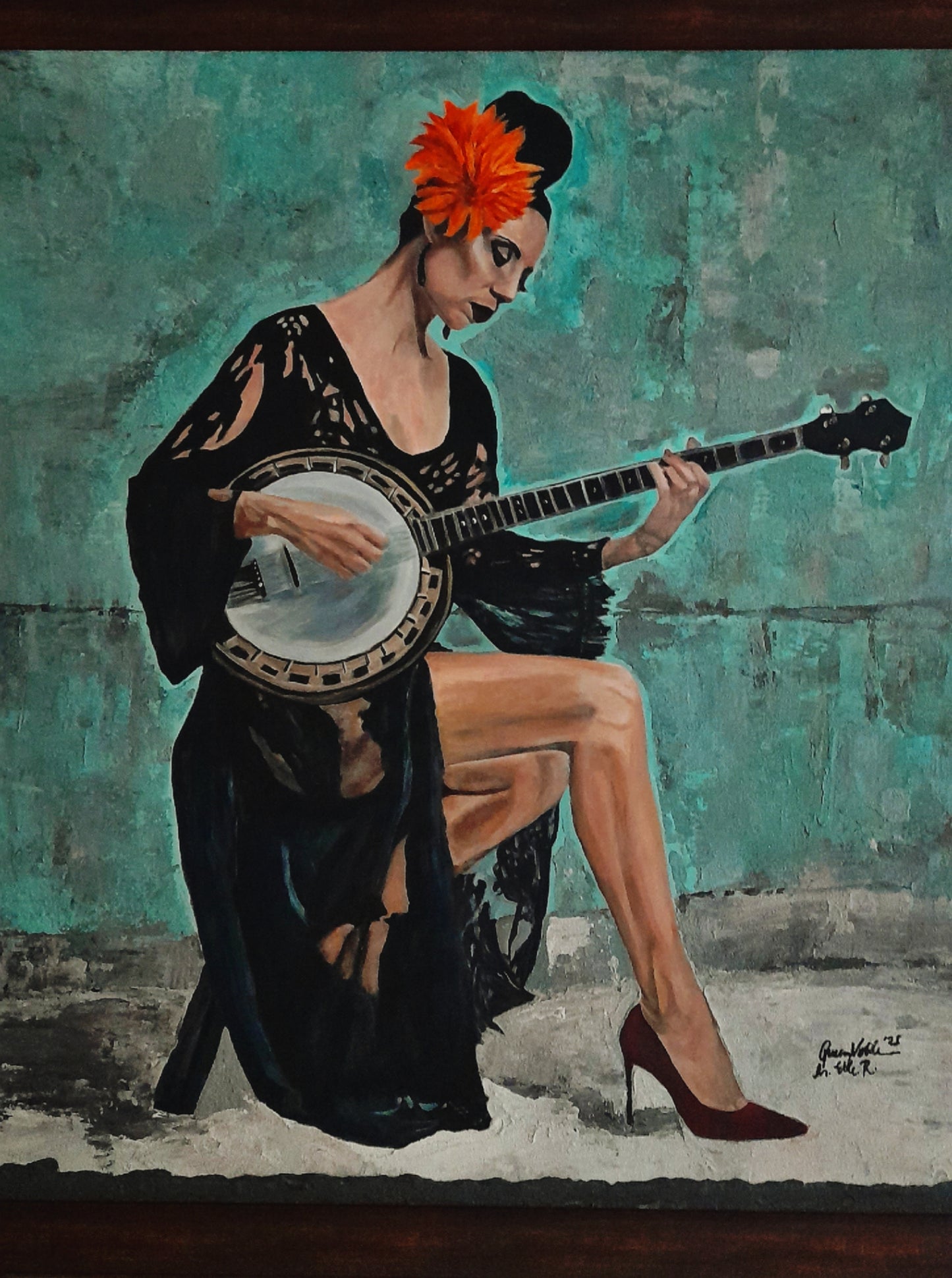 Fine Art Original Painting Woman With A Banjo Framed Portrait With Certificate