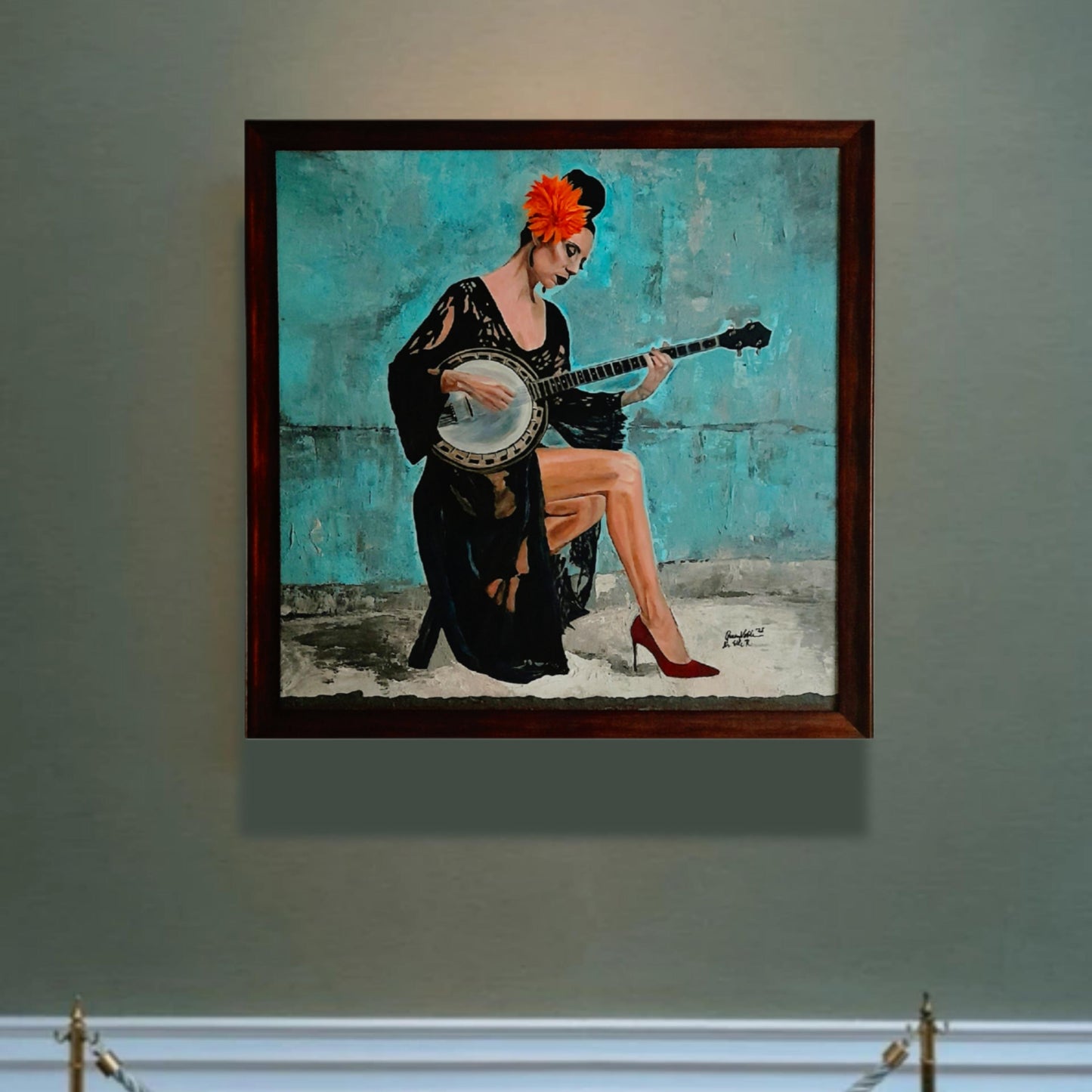 Fine Art Original Painting Woman With A Banjo Framed Portrait With Certificate