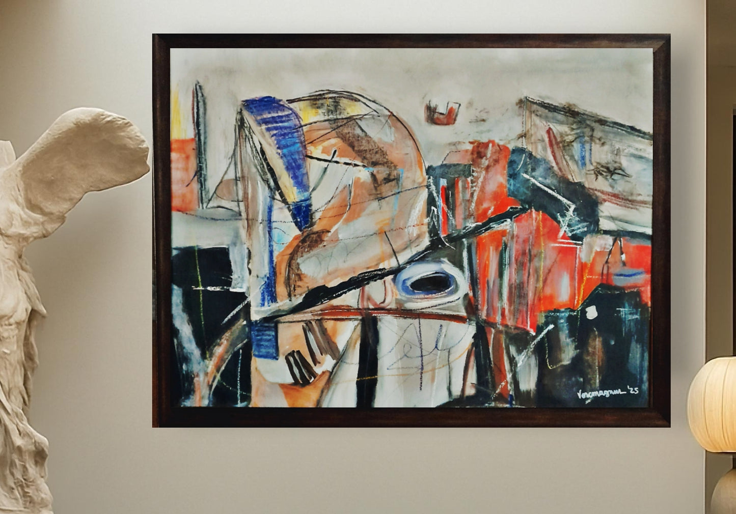 Framed Original Painting With Cracking Effects Contemporary Abstract Art By Vercmagnus