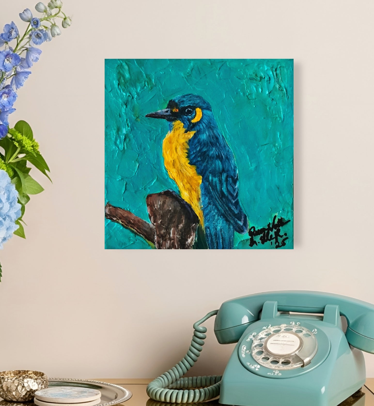 Bird Painting Original Art by QN - Textured Artwork 