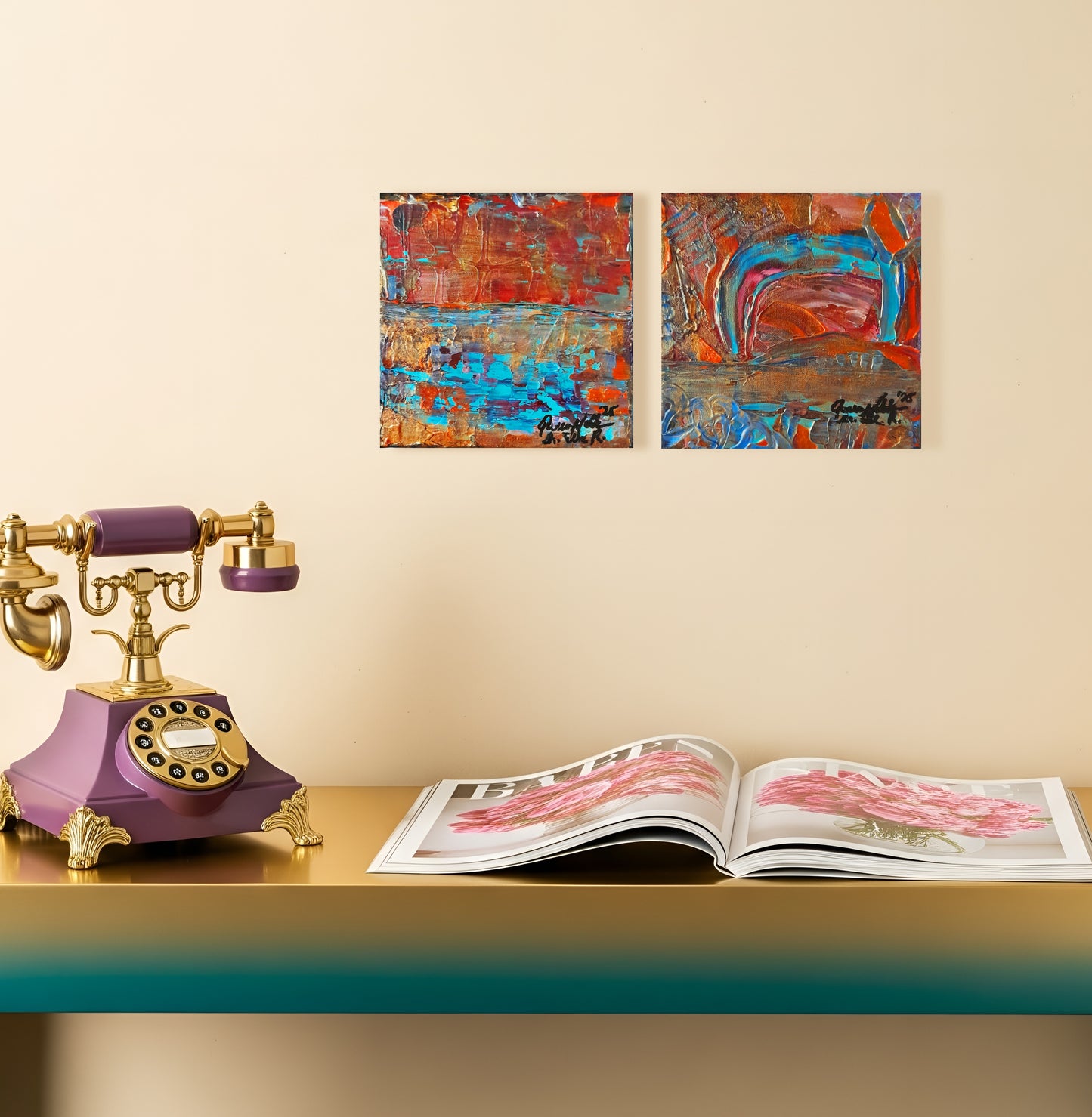 Set of 2 - Rustic Colorful Abstract Original Painting By QN