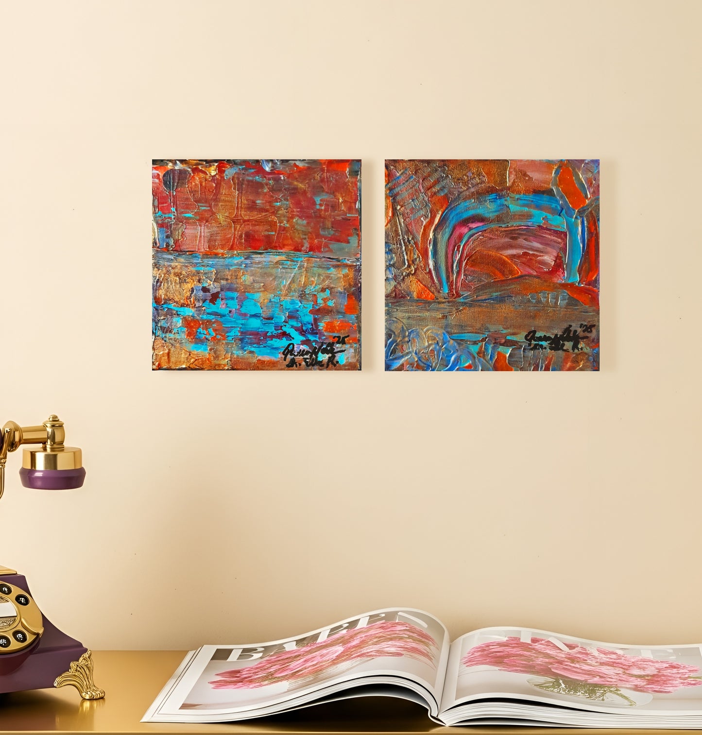 Set of 2 - Rustic Colorful Abstract Original Painting By QN