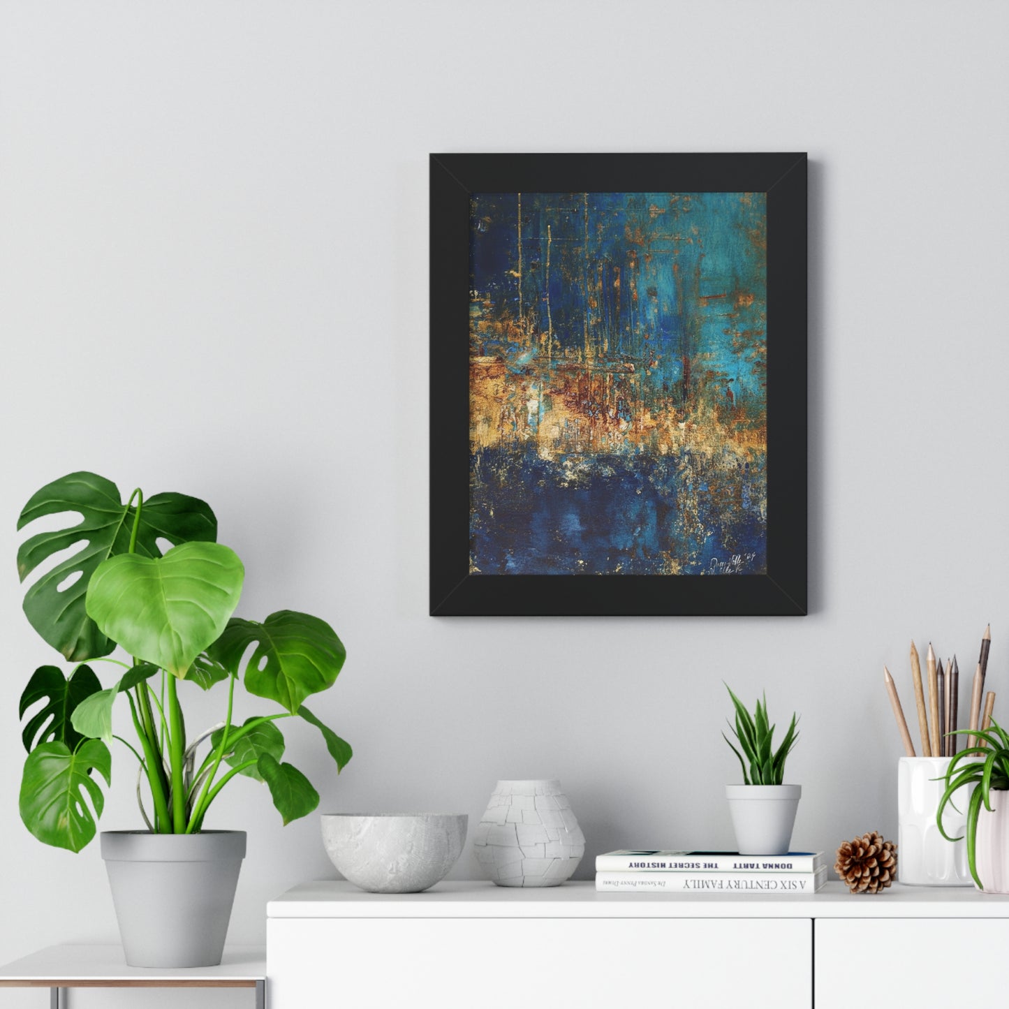 Abstract Blue Framed Vertical Poster, Modern Wall Art By QueenNoble