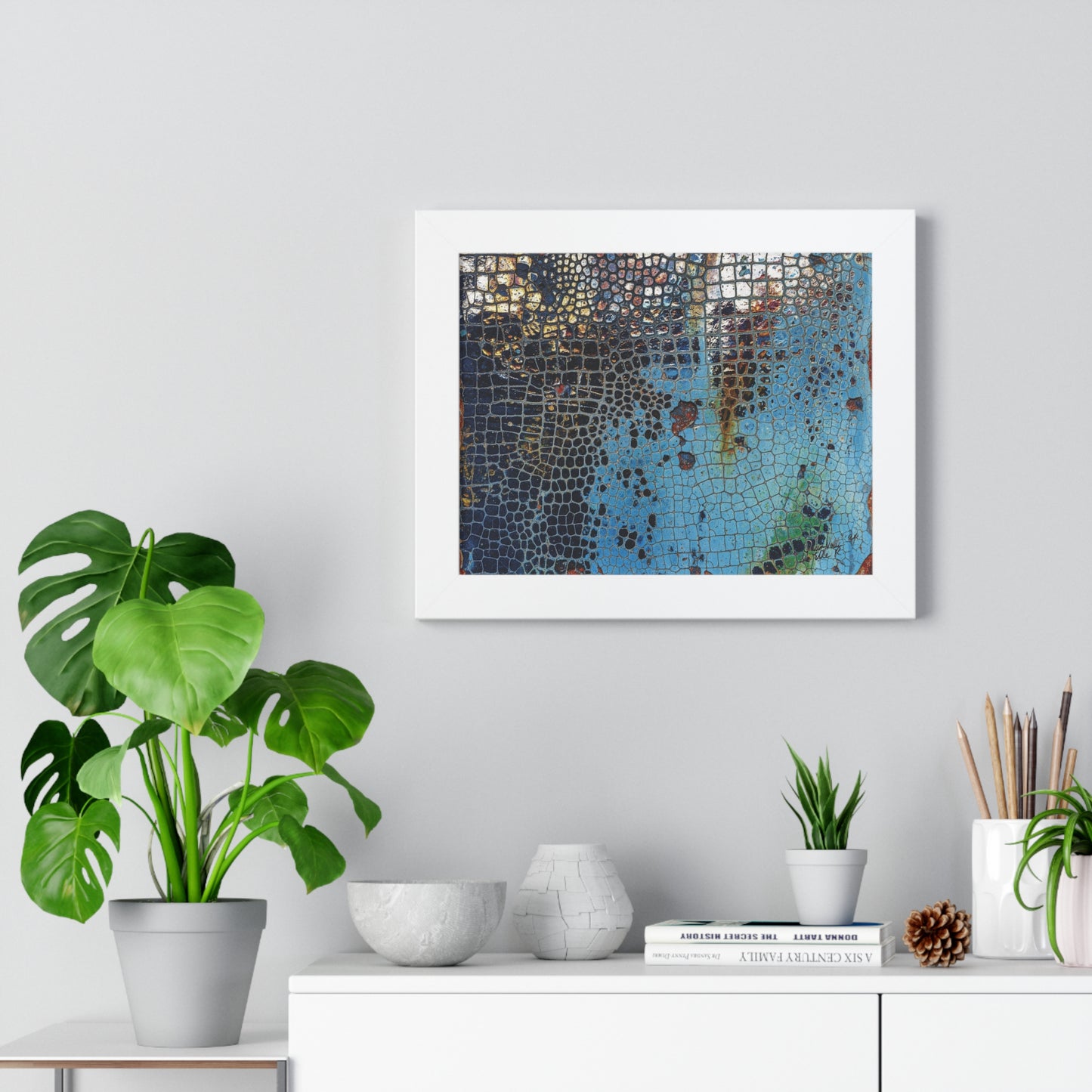 Cracking Mosaic Framed Poster, Unique Blue Wall Art Print By QueenNoble