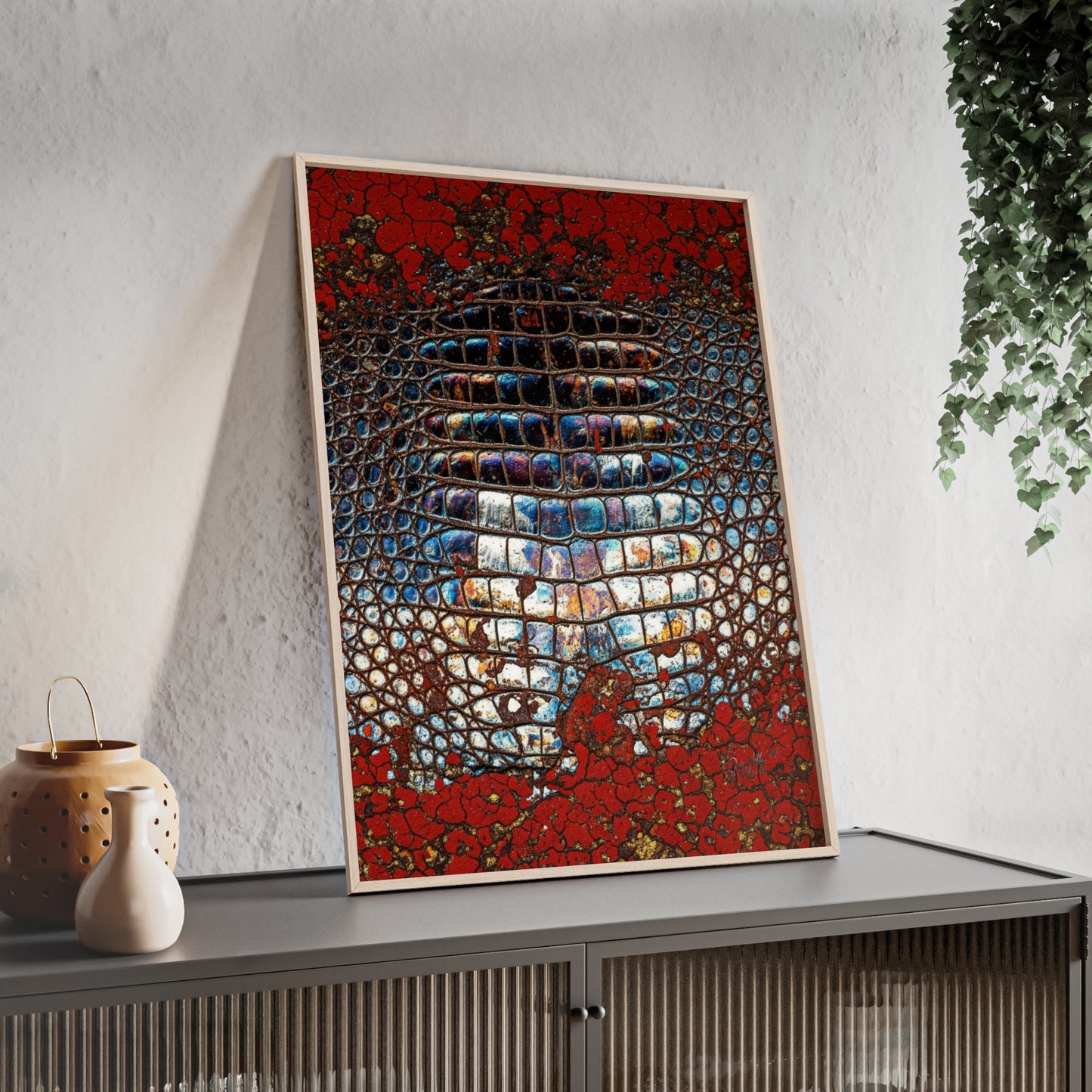 Red Crocodile Style Wall Art Stylish Wooden Frame Poster By QueenNoble