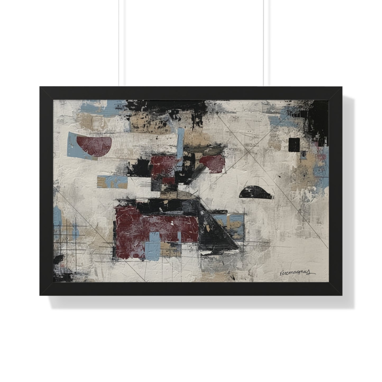 Abstract art piece with geometric shapes in a black frame on a white background