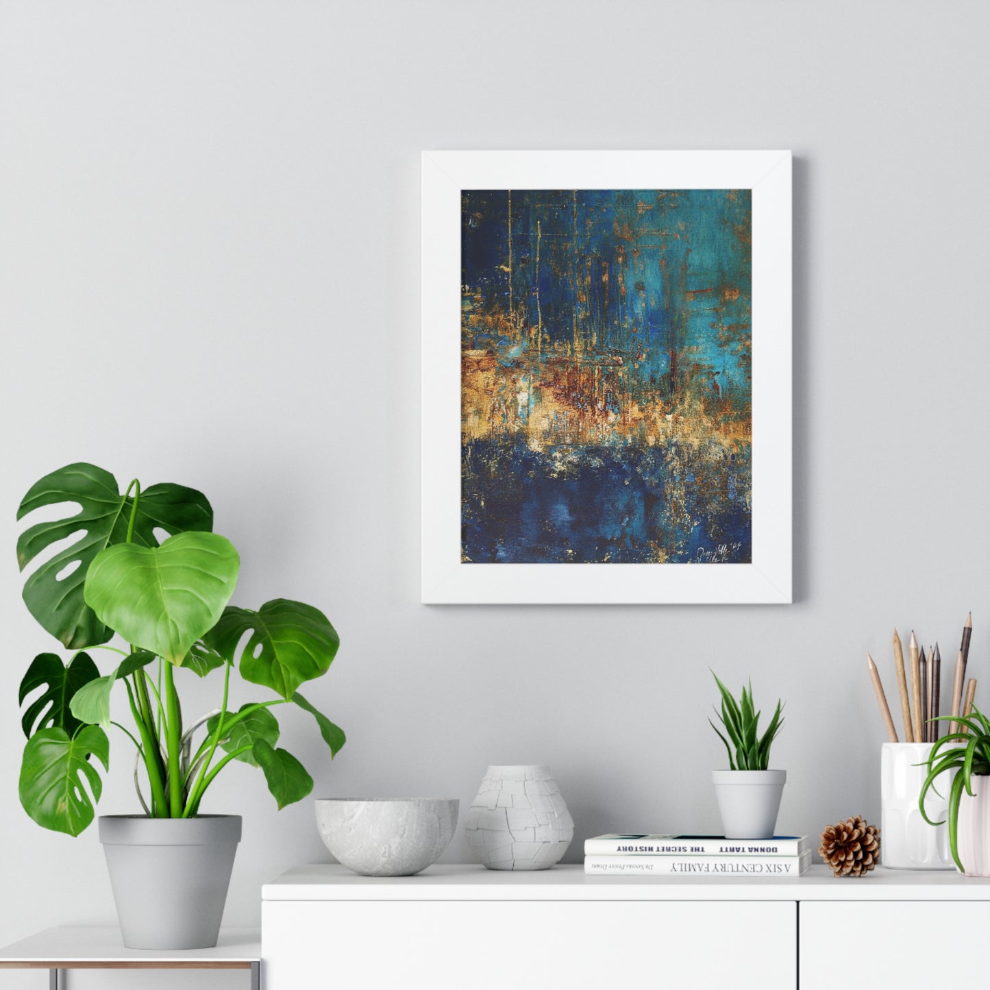 Abstract Blue Framed Vertical Poster, Modern Wall Art By QueenNoble