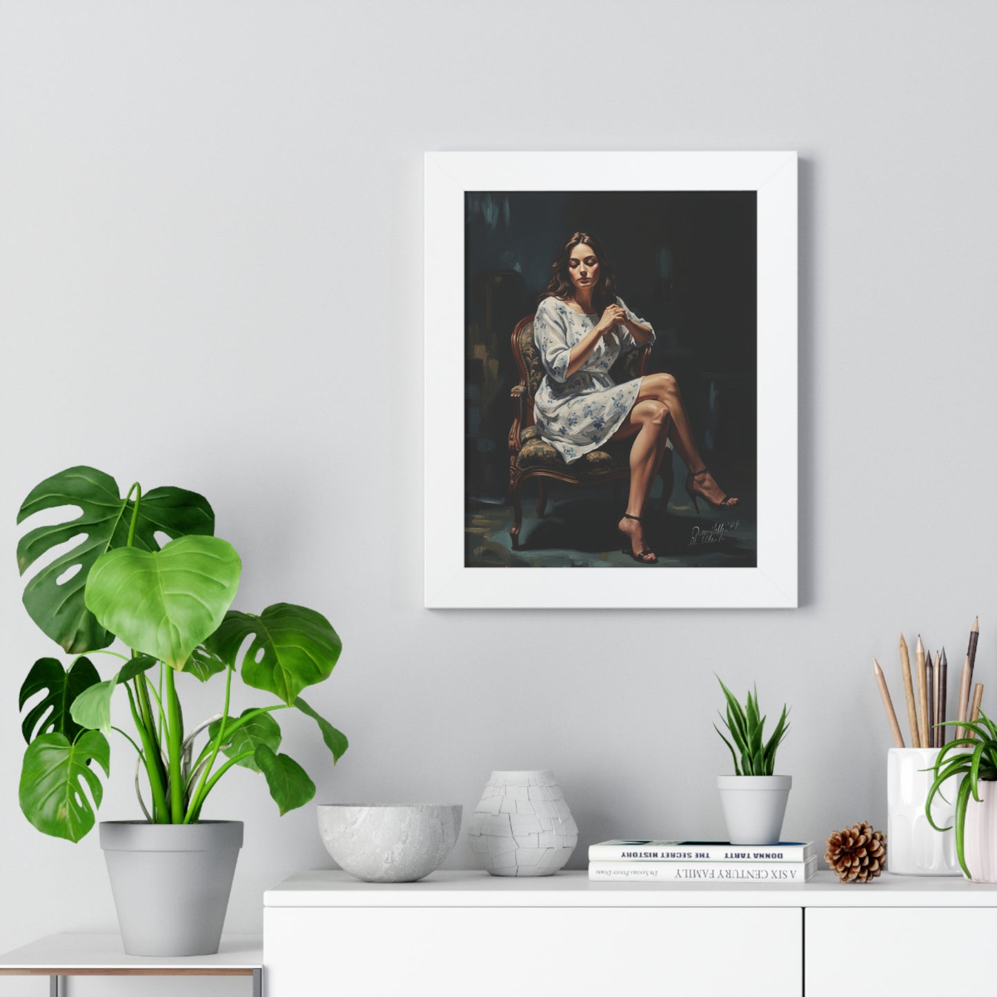 Lady On Chair Framed Vertical Poster for Home Decor, Wall Art Print