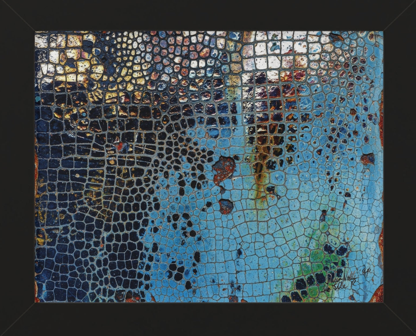 Framed abstract artwork with a mosaic pattern on a white background