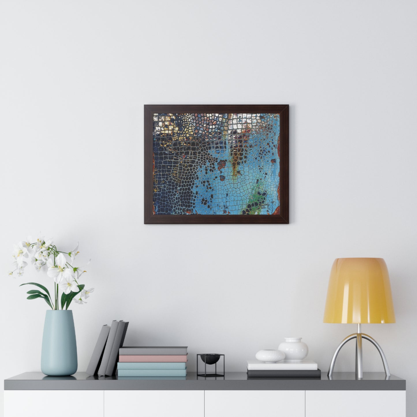 Cracking Mosaic Framed Poster, Unique Blue Wall Art Print By QueenNoble