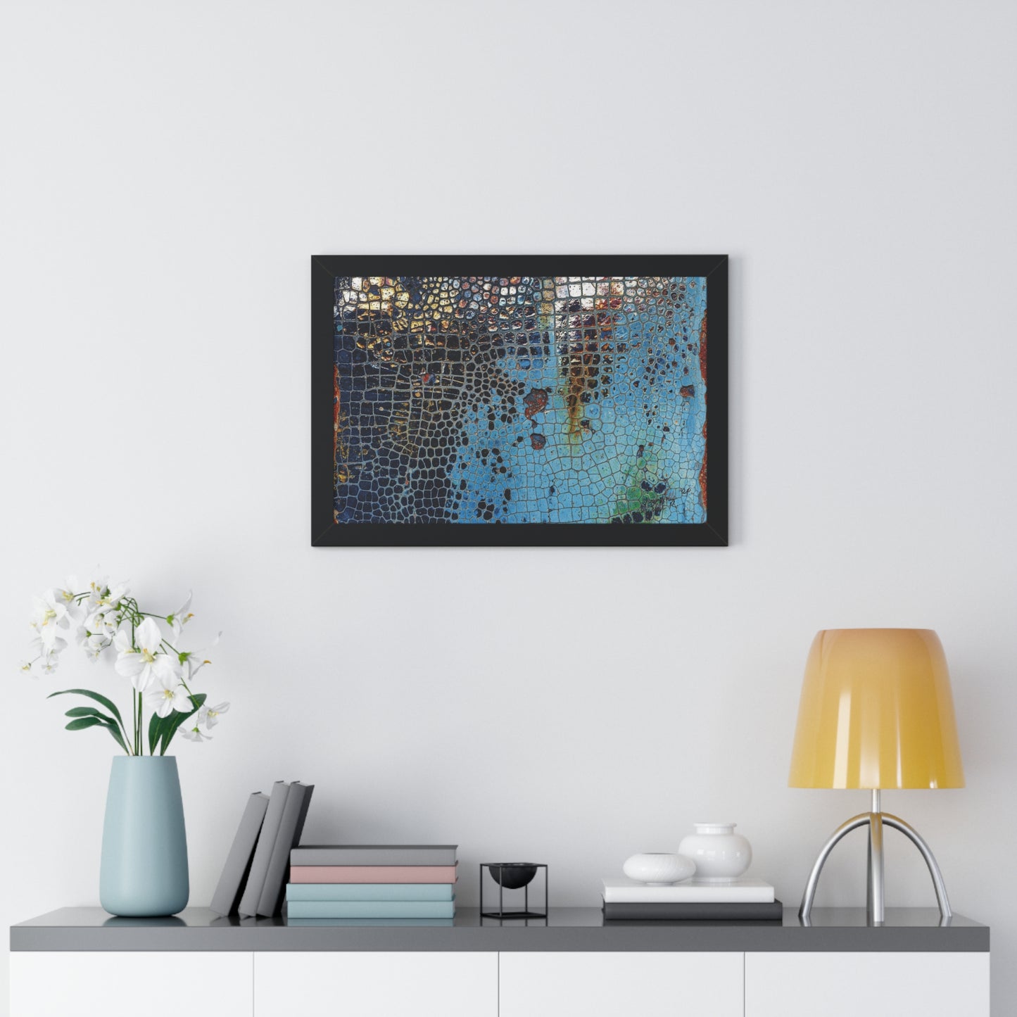Cracking Mosaic Framed Poster, Unique Blue Wall Art Print By QueenNoble