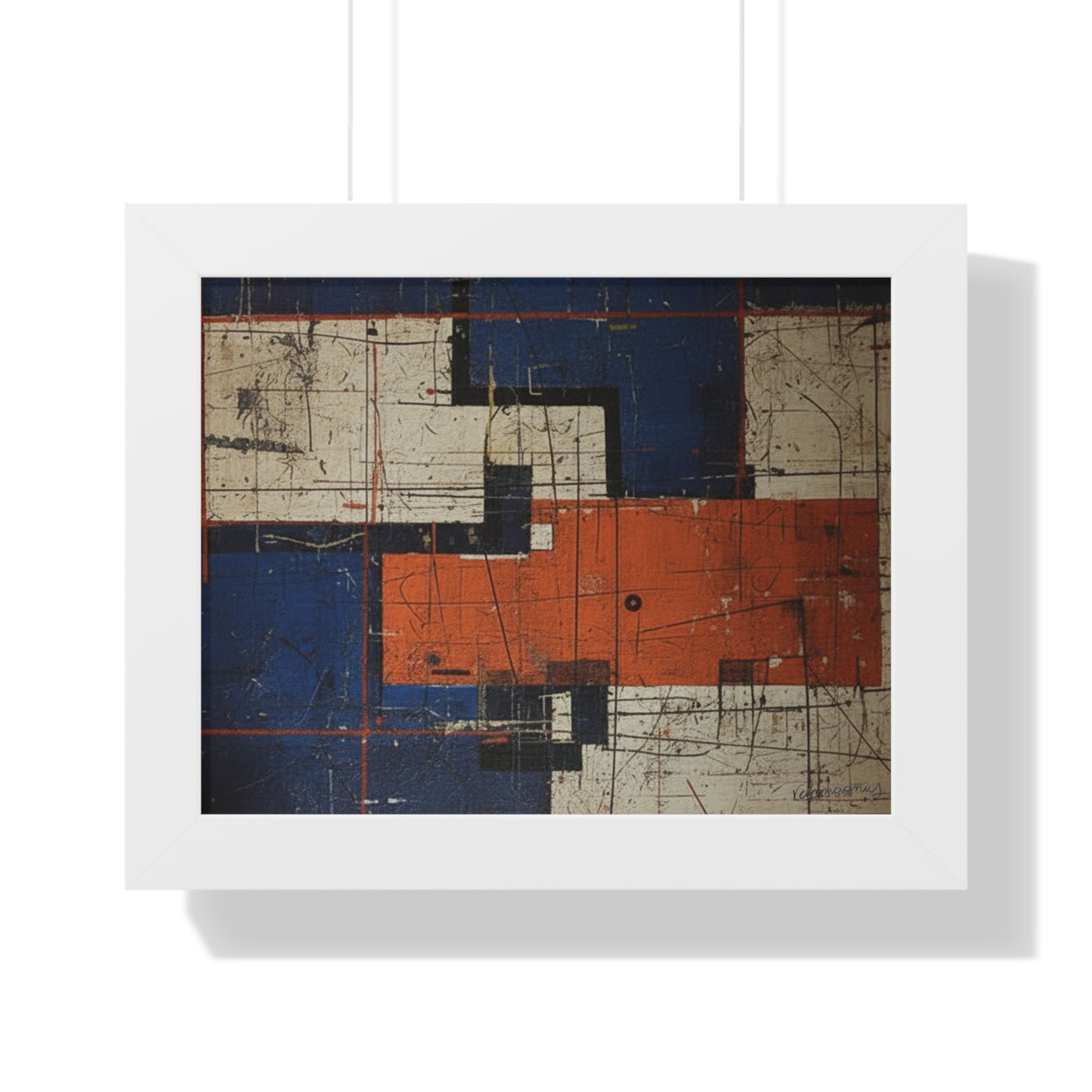 Abstract art piece with geometric shapes in orange, blue, and black on a white background