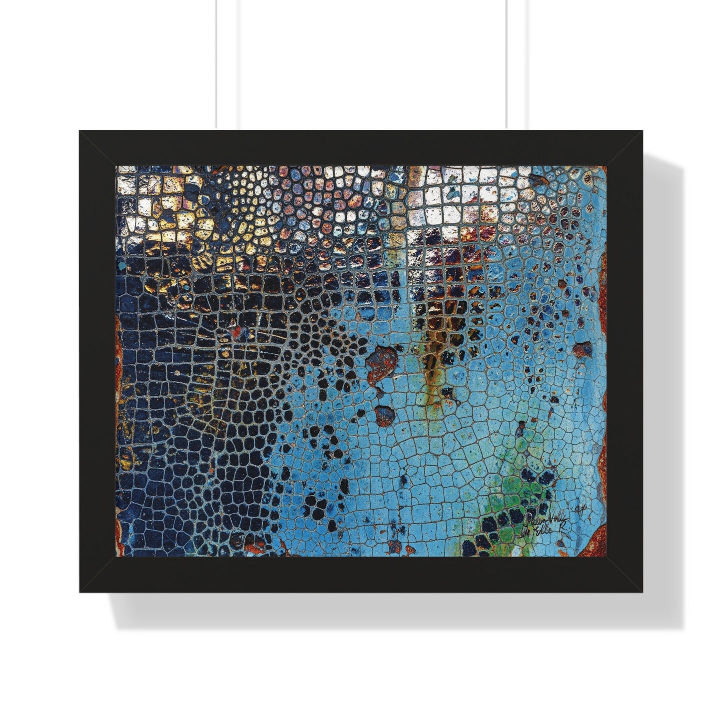 Cracking Mosaic Framed Poster, Unique Blue Wall Art Print By QueenNoble