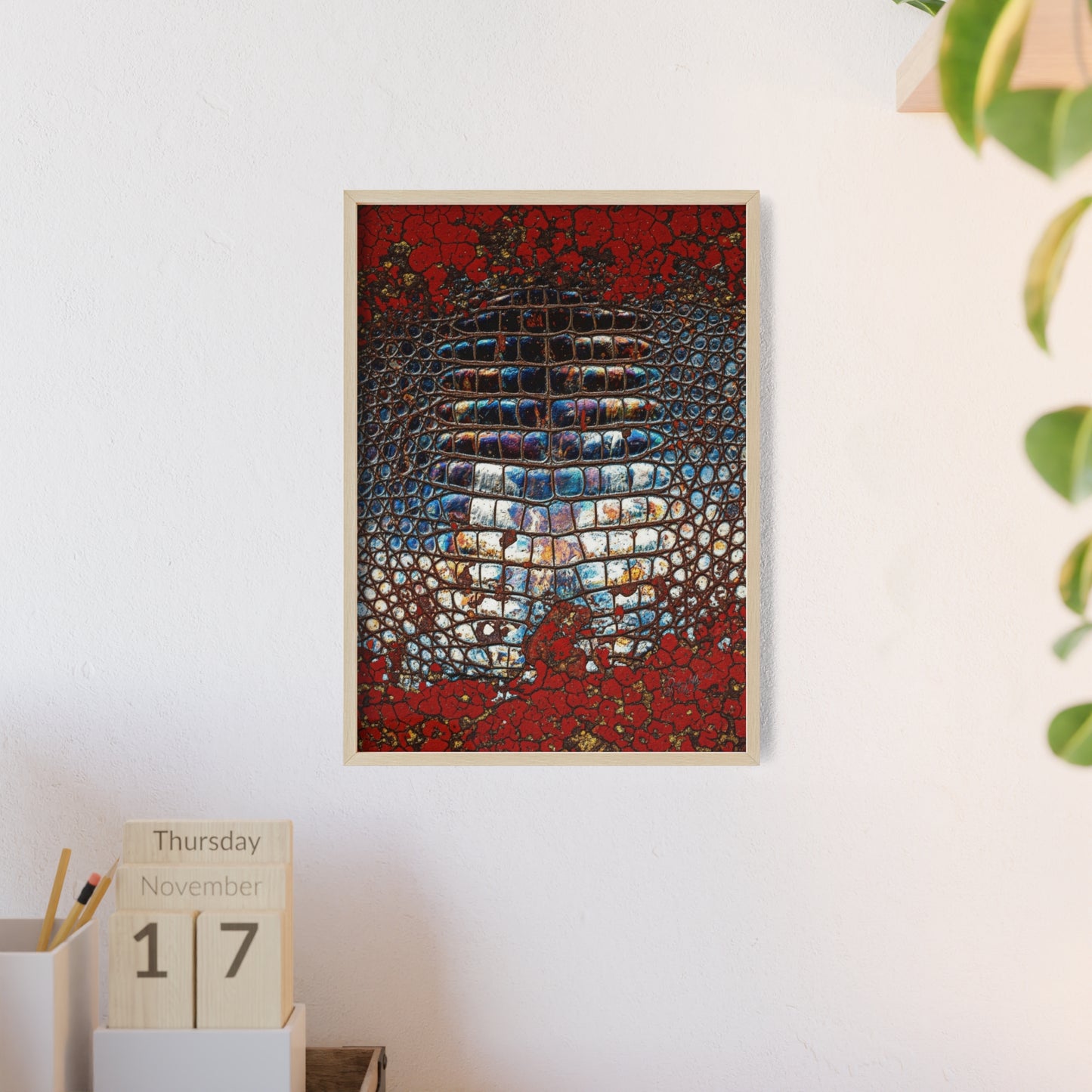 Red Crocodile Style Wall Art Stylish Wooden Frame Poster By QueenNoble