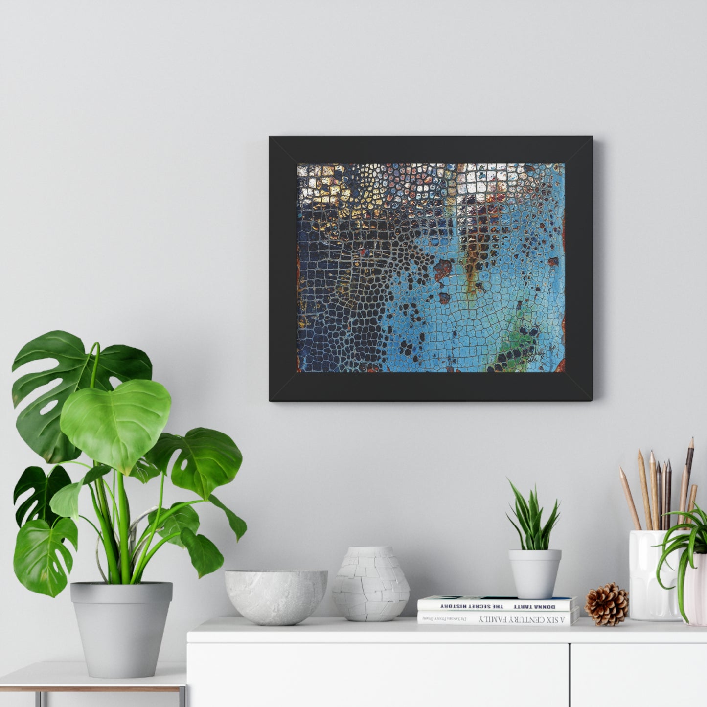 Cracking Mosaic Framed Poster, Unique Blue Wall Art Print By QueenNoble