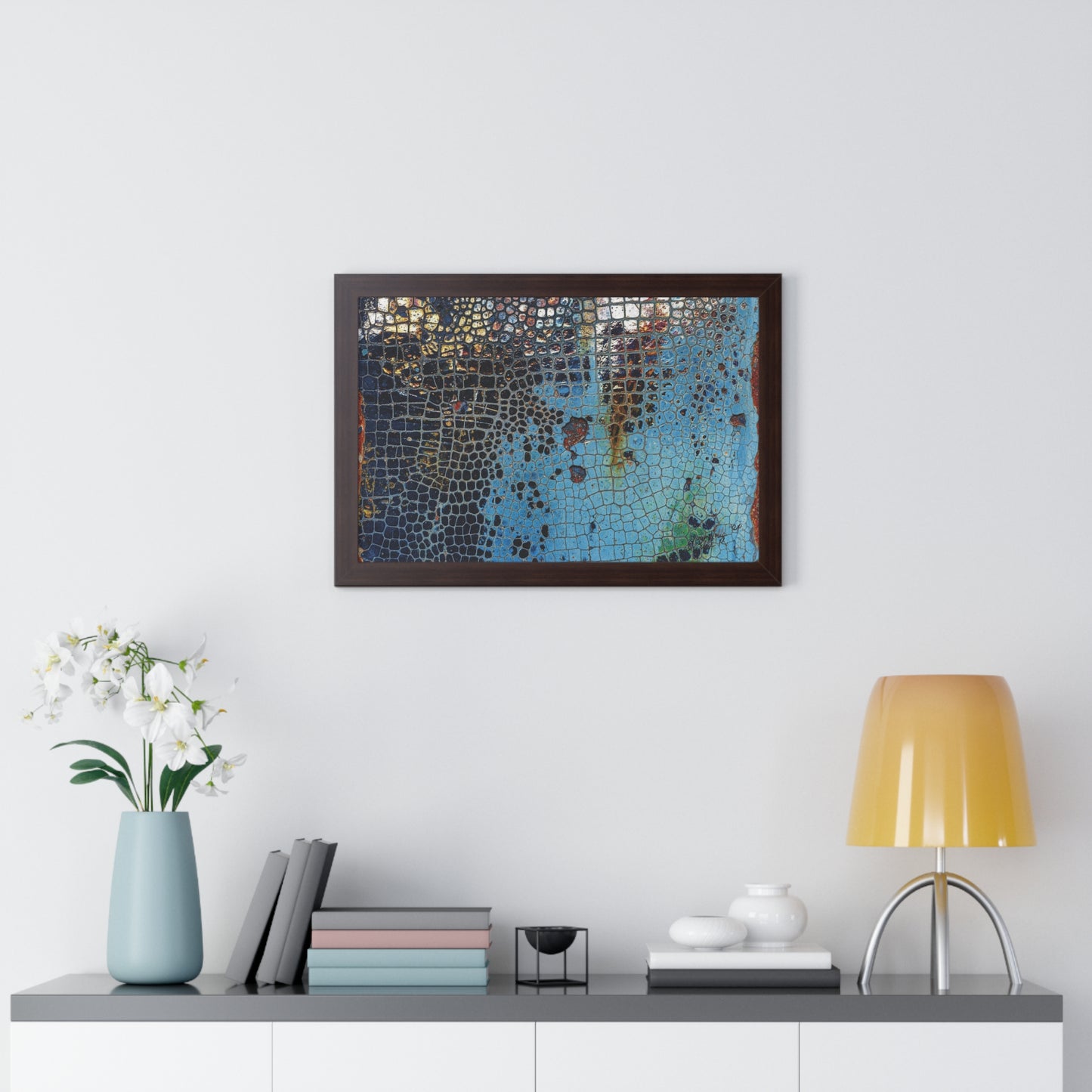Cracking Mosaic Framed Poster, Unique Blue Wall Art Print By QueenNoble