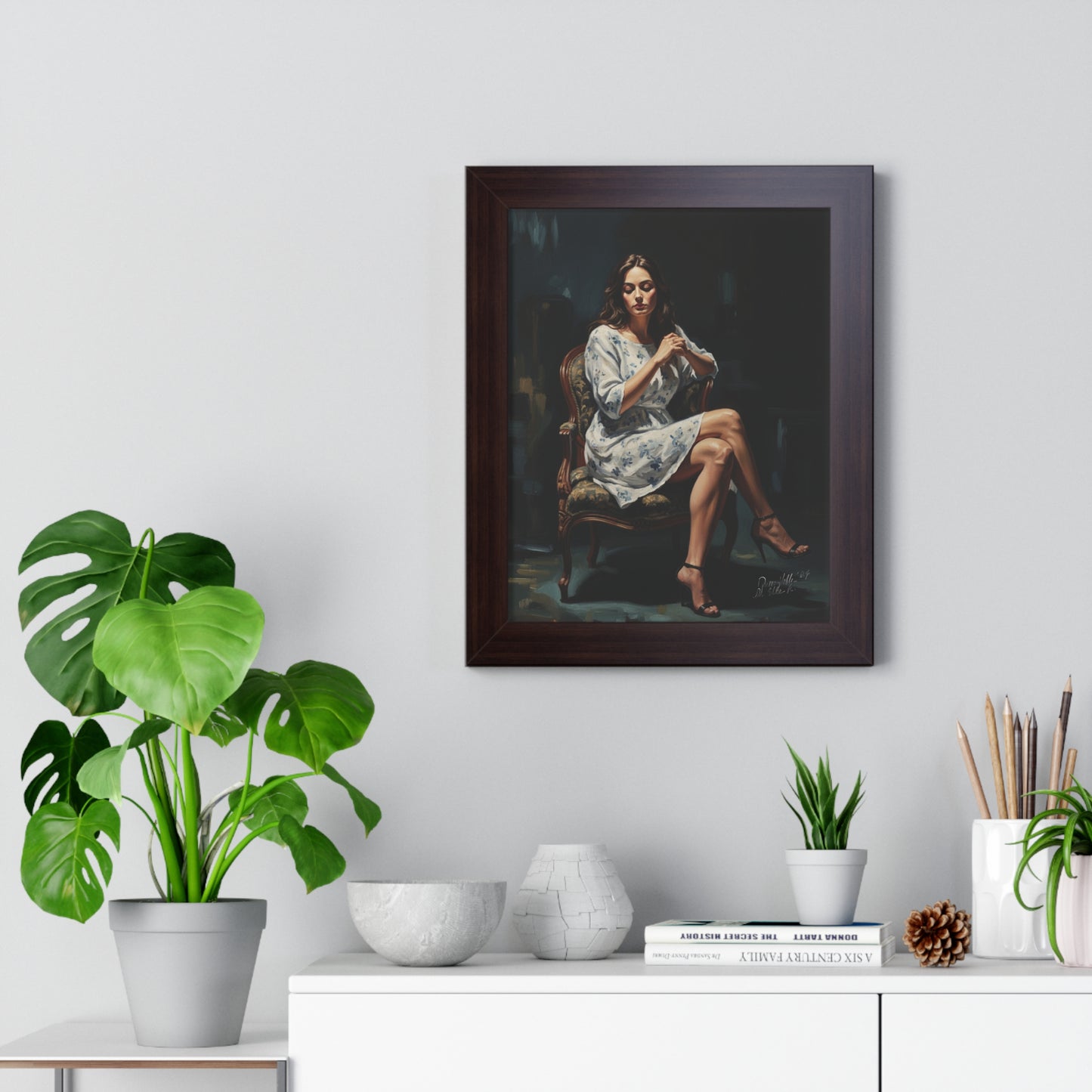 Lady On Chair Framed Vertical Poster for Home Decor, Wall Art Print
