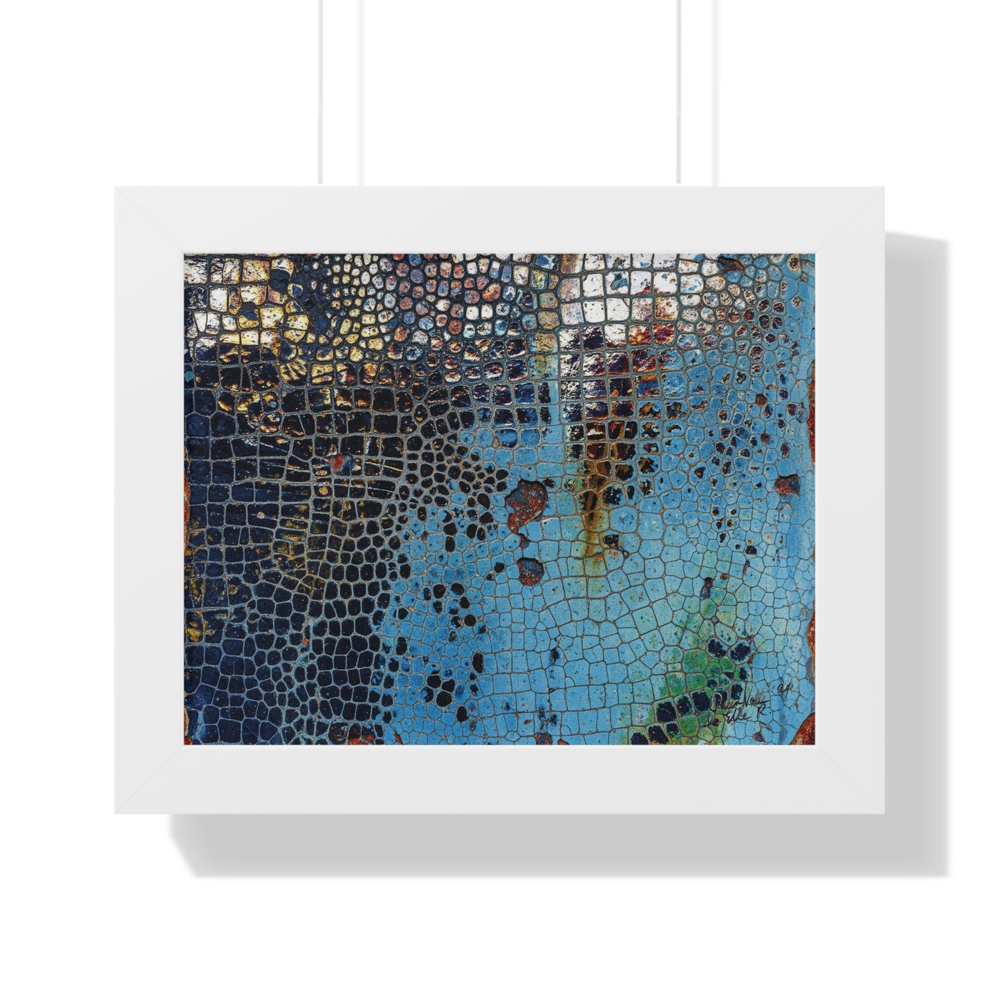 Cracking Mosaic Framed Poster, Unique Blue Wall Art Print By QueenNoble