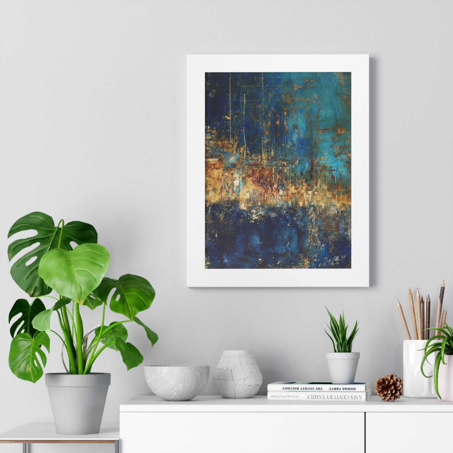 Abstract Blue Framed Vertical Poster, Modern Wall Art By QueenNoble