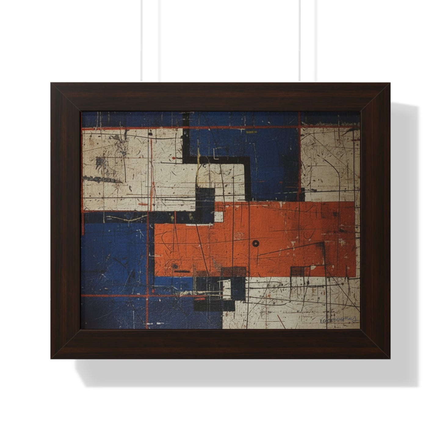Framed abstract artwork with geometric shapes on a white background