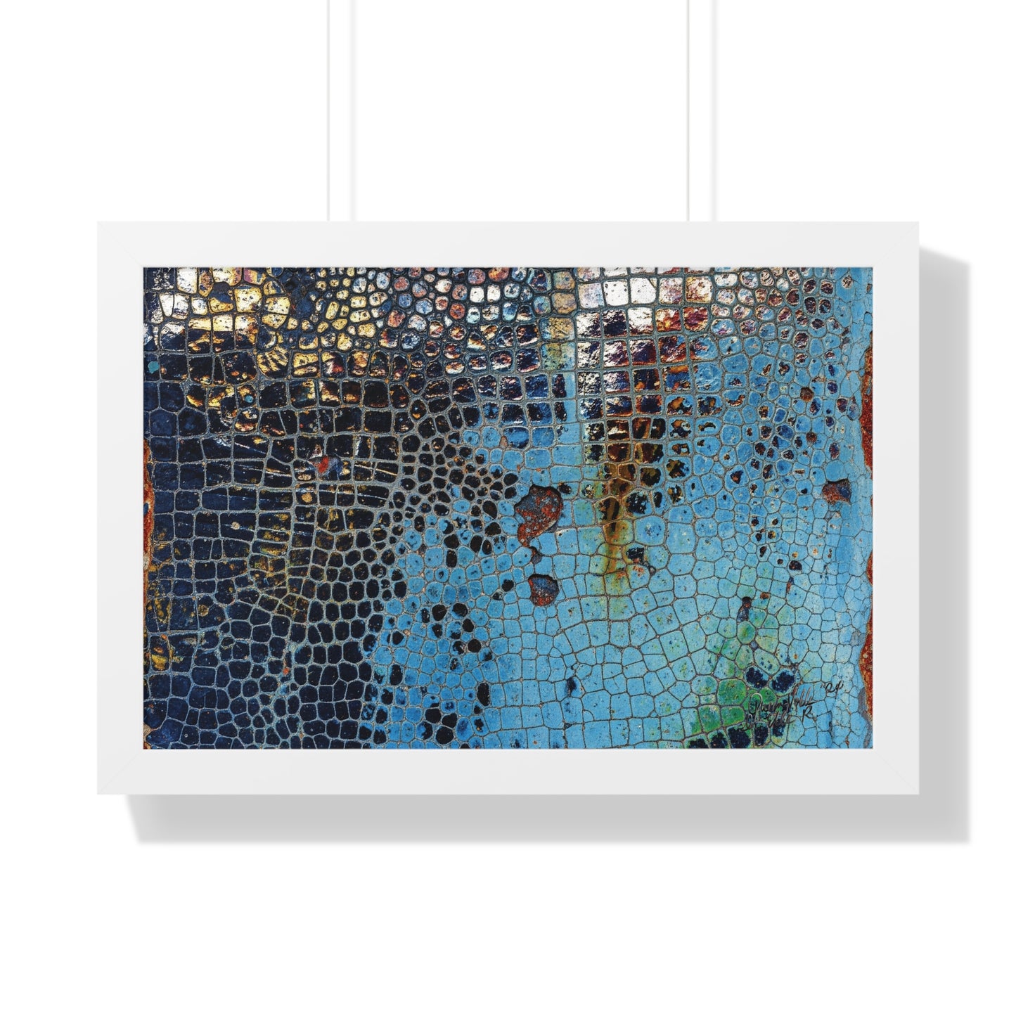 Cracking Mosaic Framed Poster, Unique Blue Wall Art Print By QueenNoble