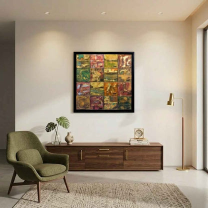 Modern living room with a green armchair, wooden console table, and colorful abstract painting.