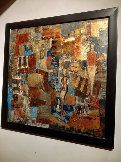 Framed abstract artwork with geometric shapes and figures on a white wall
