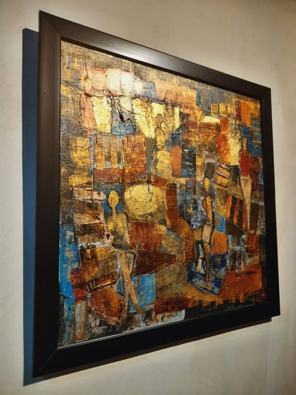 Abstract artwork with a black frame on a wall